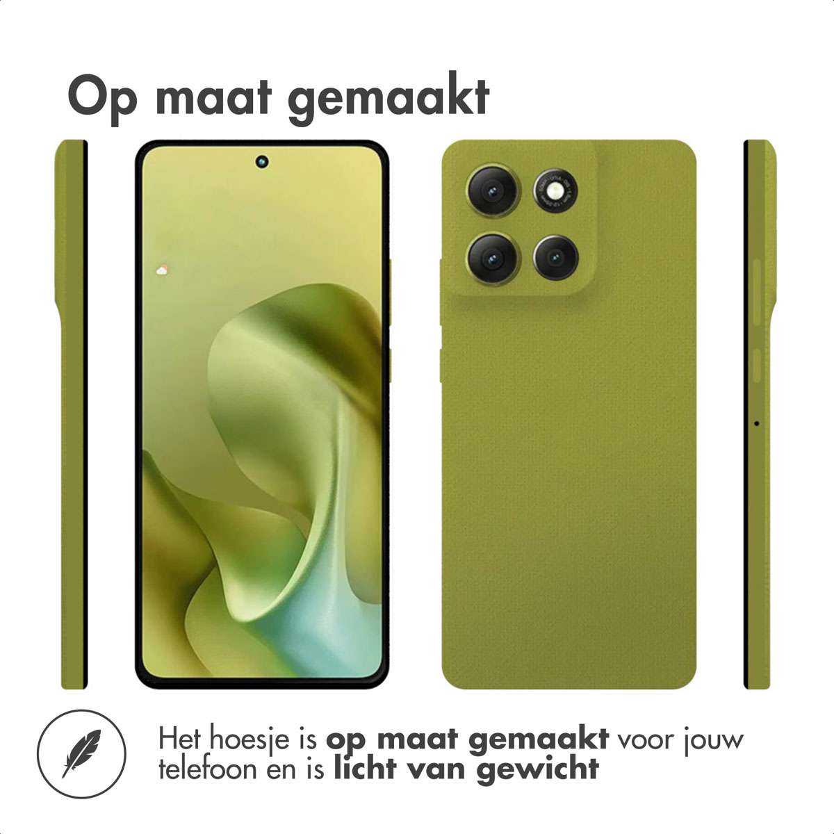 L'image montre un téléphone avec une coque verte. Le texte dit 'Op maat gemaakt'. L'étui est fait sur mesure et léger.