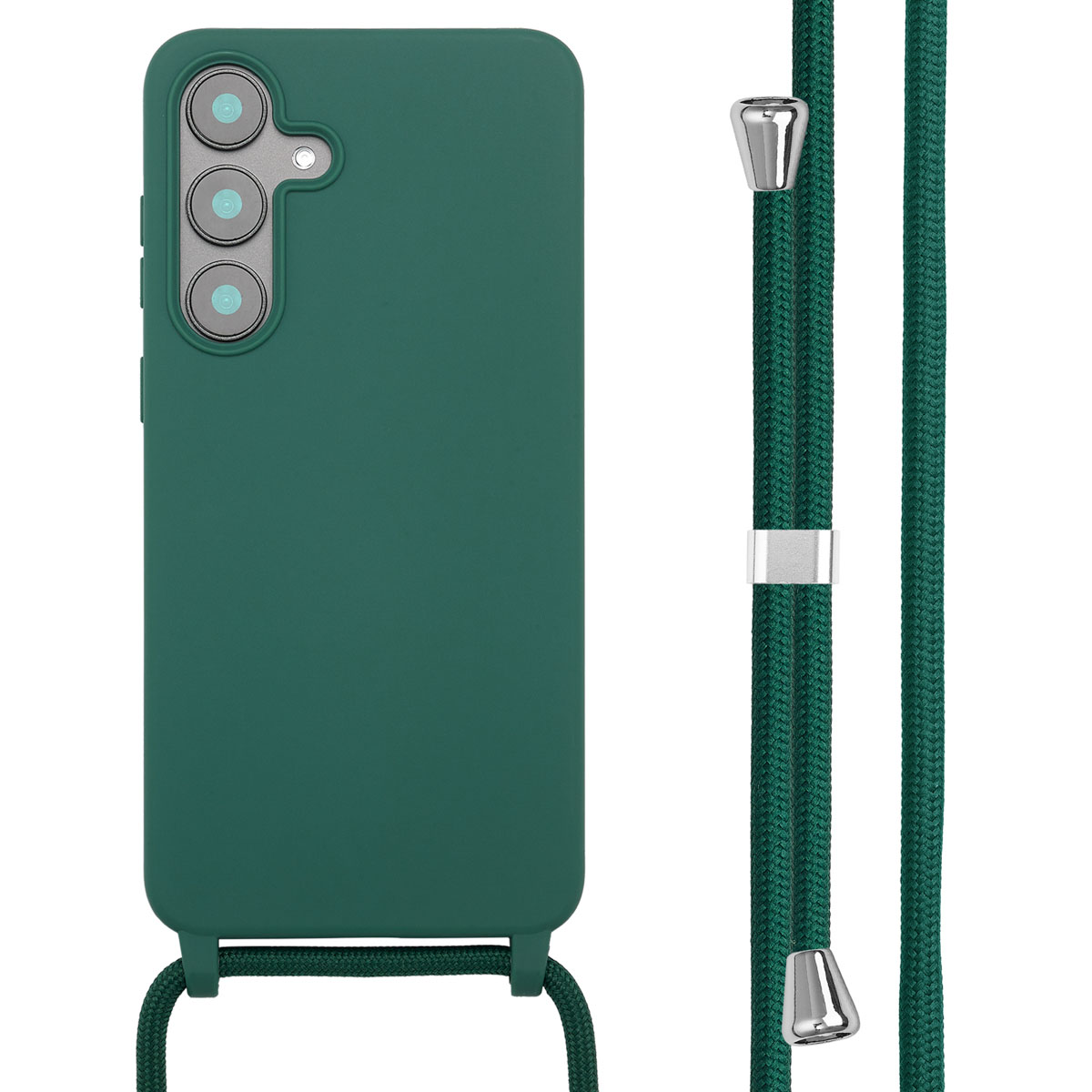 Groene telefoonhoes met drie camera's en een groen touw. Zilveren accenten op het touw. Witte achtergrond.
