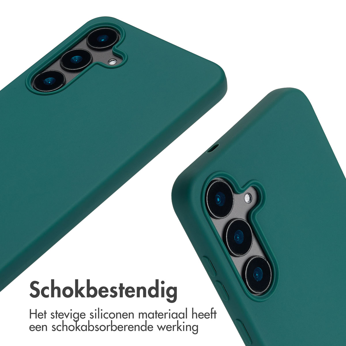 Twee groene telefoonhoesjes, één schuin naar de kijker. Elke hoes heeft drie cameralenzen. Tekst onderaan zegt 'Schokbestendig'.