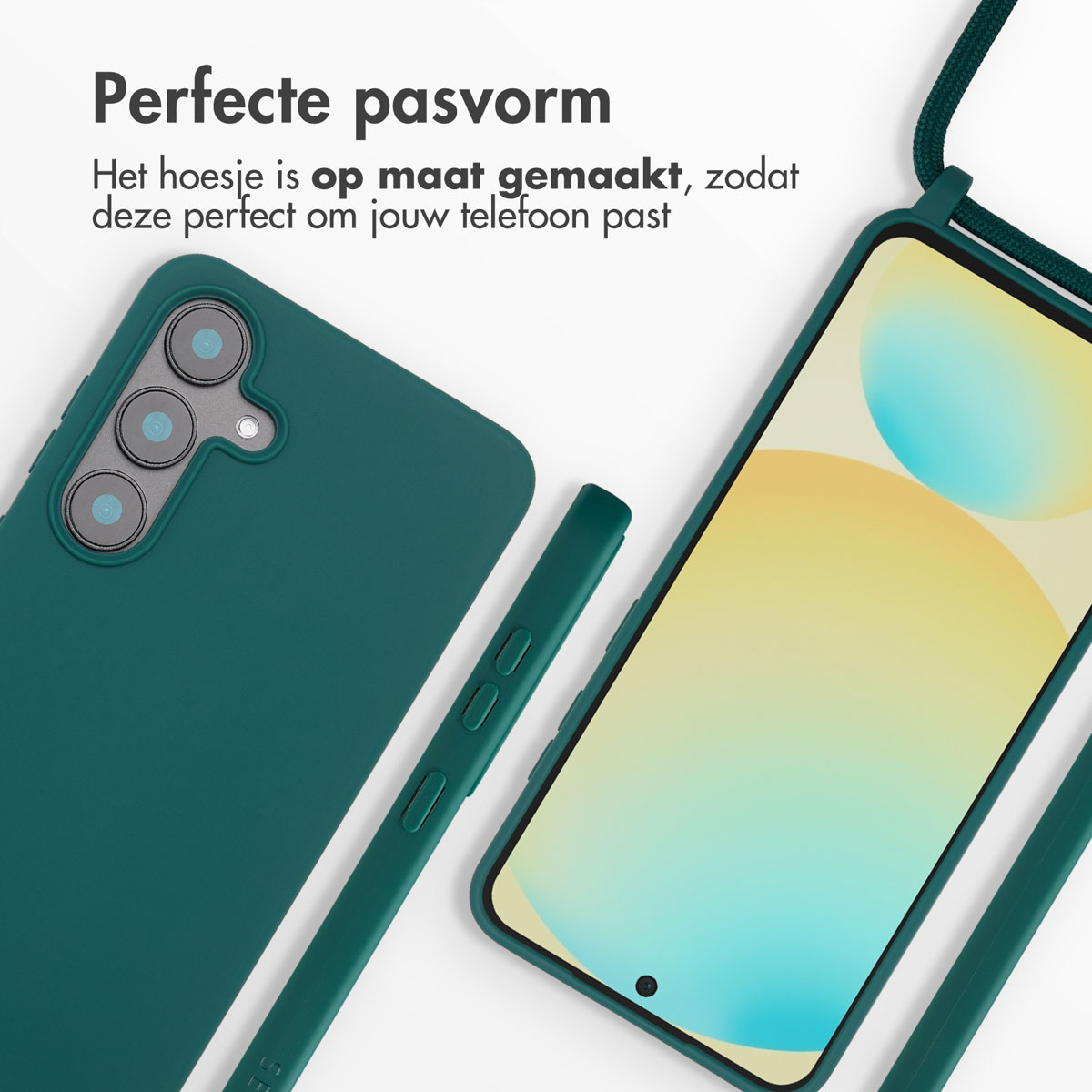 Groene telefoonhoes en telefoon met een koord. Tekst zegt 'Perfecte pasvorm'.