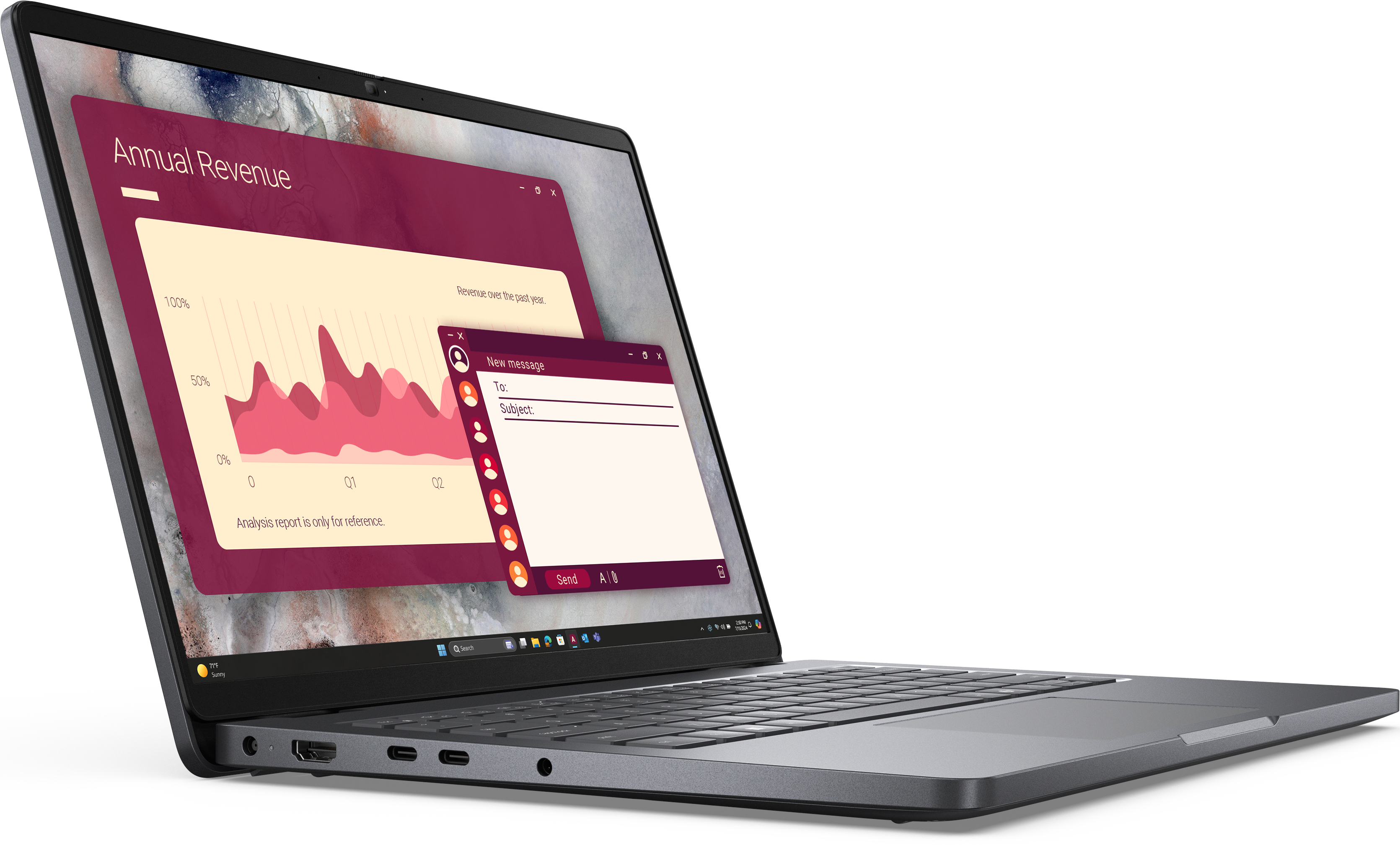 Un laptop mostra un rapporto finanziario e una finestra di posta elettronica. Lo schermo mostra un grafico e i campi per un nuovo messaggio.