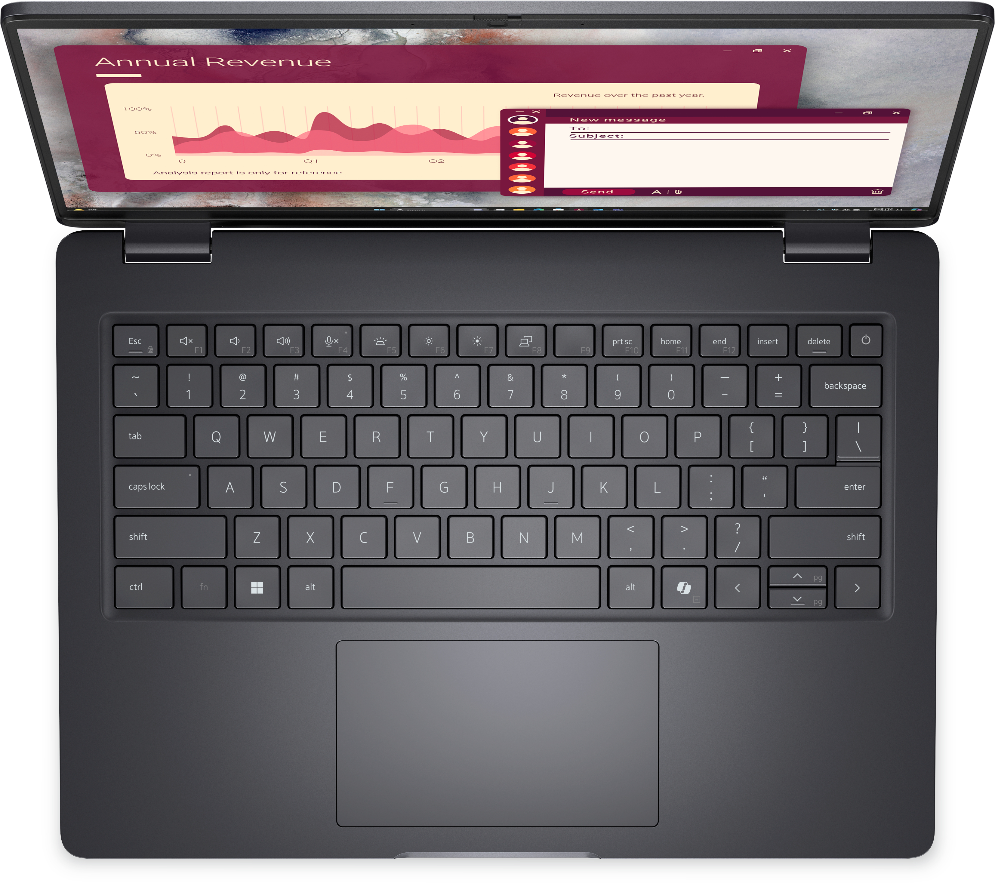 Laptop con schermo aperto che mostra un grafico dei ricavi annuali e una finestra di composizione e-mail. Tastiera visibile.