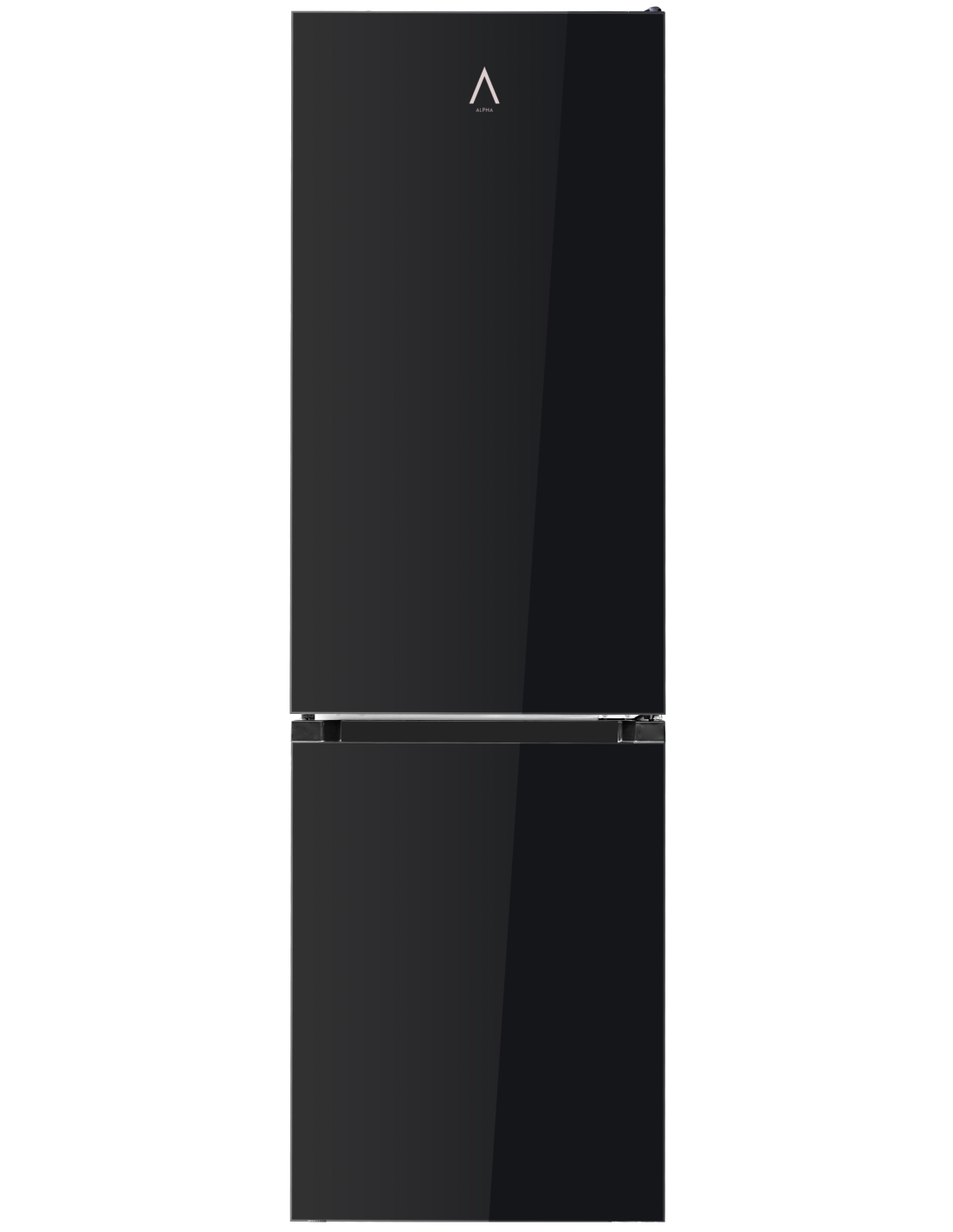 Un refrigerador negro con dos puertas. La puerta superior tiene el logotipo 'Alpha'. Las manijas cromadas separan las puertas.