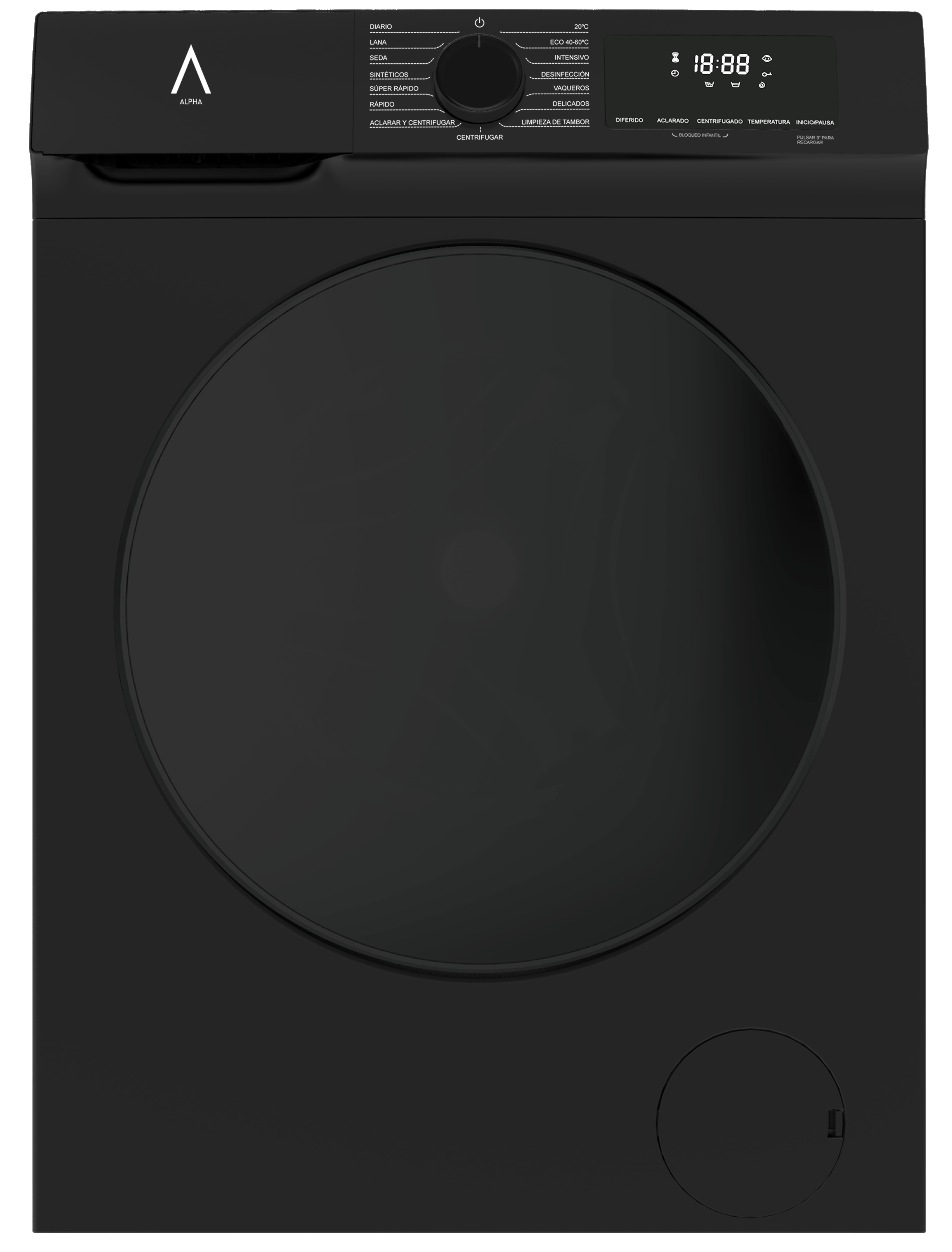 Una lavadora negra. Tiene una puerta redonda, un panel de control y una pantalla digital que muestra la hora.