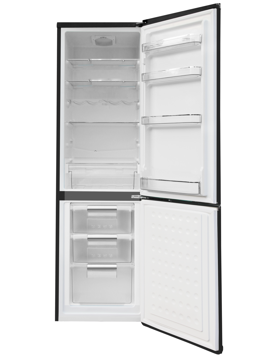 Un refrigerador negro abierto con estantes y cajones transparentes. La puerta está entreabierta mostrando el interior.