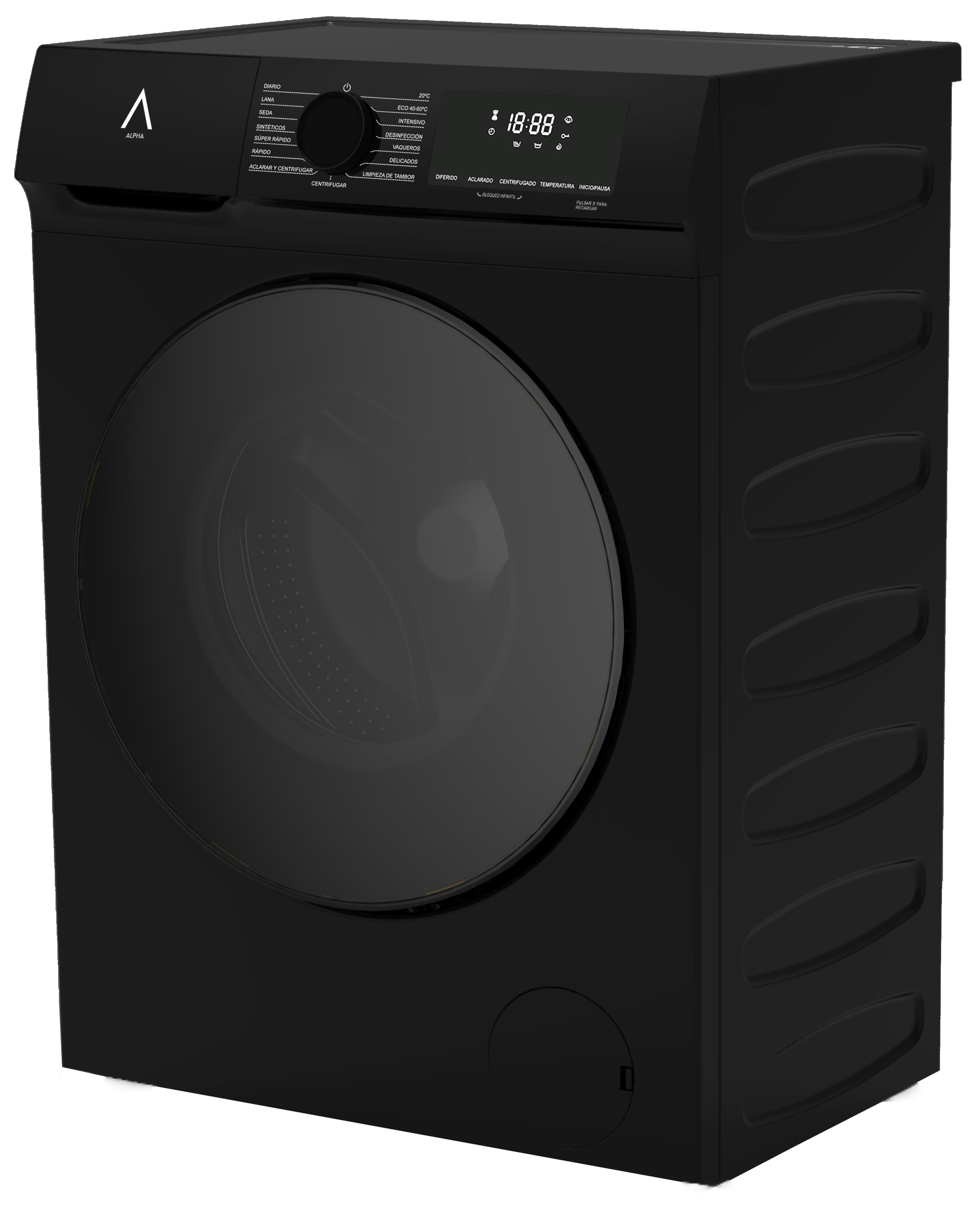 Una lavadora negra con puerta redonda de cristal y pantalla digital. La marca es Alpha.