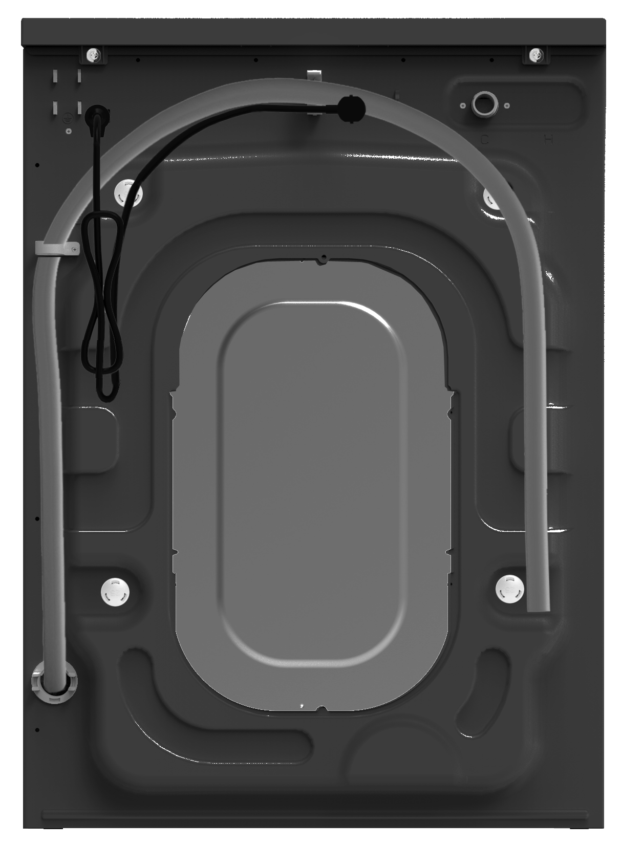 Panel trasero de lavadora. Cuenta con componentes plásticos grises, mangueras y un cable de alimentación negro. Diseño simétrico.