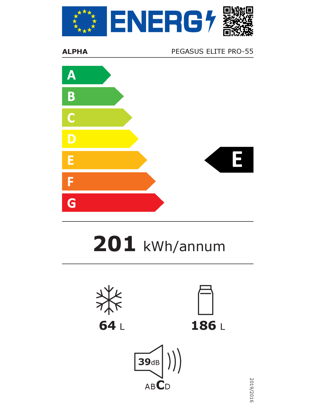 Etiqueta energética con clases de eficiencia de la A a la G. La E está resaltada. Muestra 201 kWh/año, 64L y 186L. Nivel de sonido 39 dB.