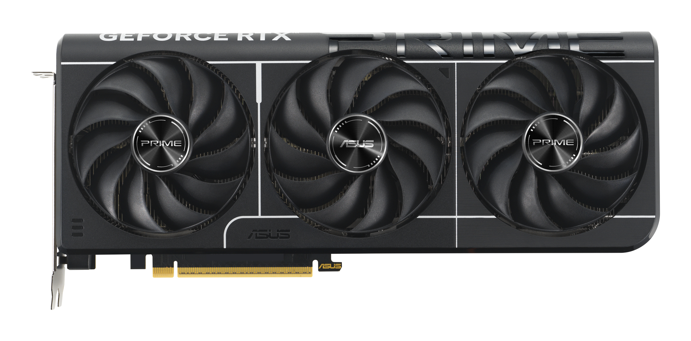 Una scheda grafica ASUS GeForce RTX nera con tre ventole. La scheda ha il logo Prime e il marchio ASUS.