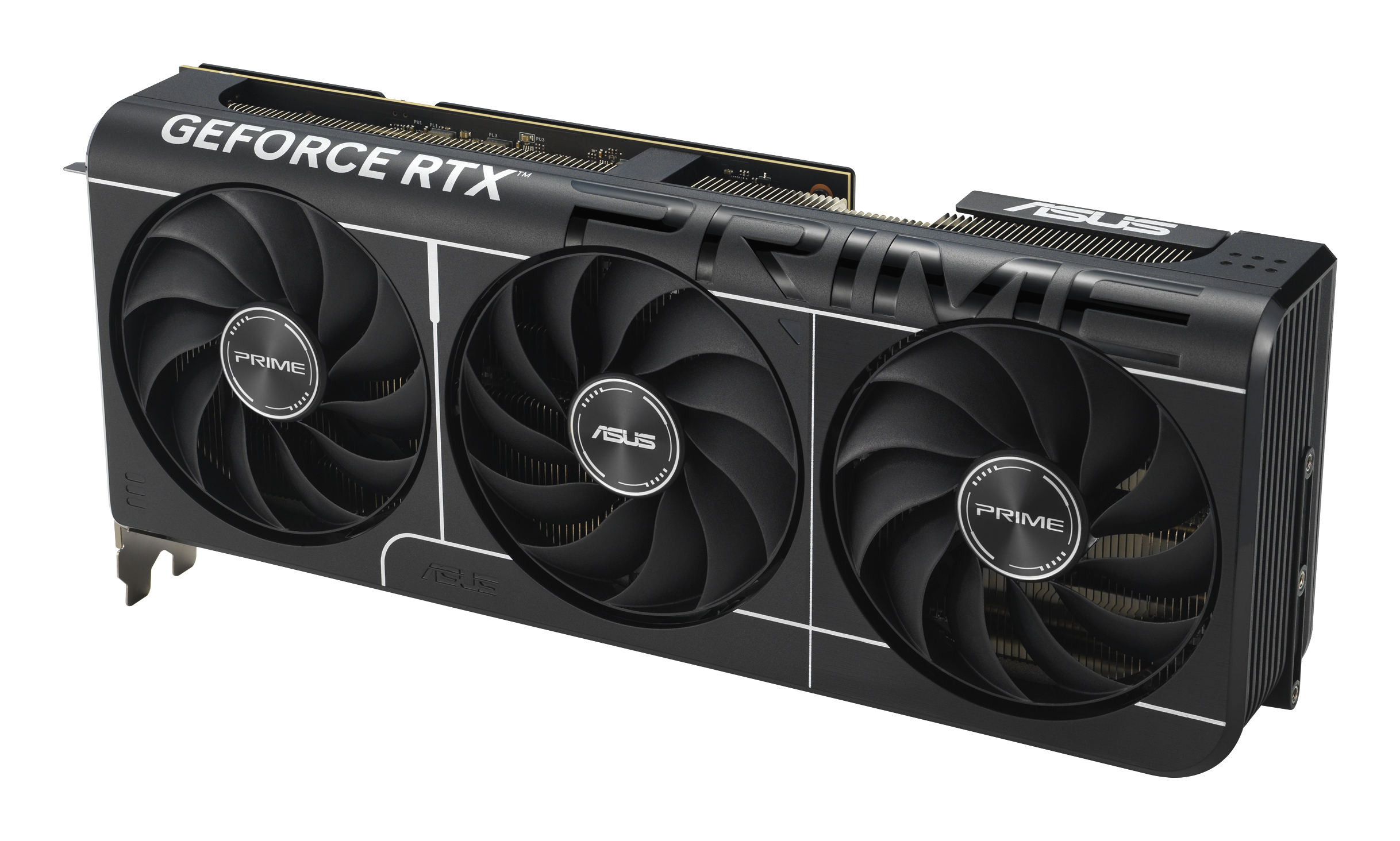 Una scheda grafica ASUS GeForce RTX nera e argento. Ha tre ventole e sono visibili le parole 'GeForce RTX' e 'PRIME'.