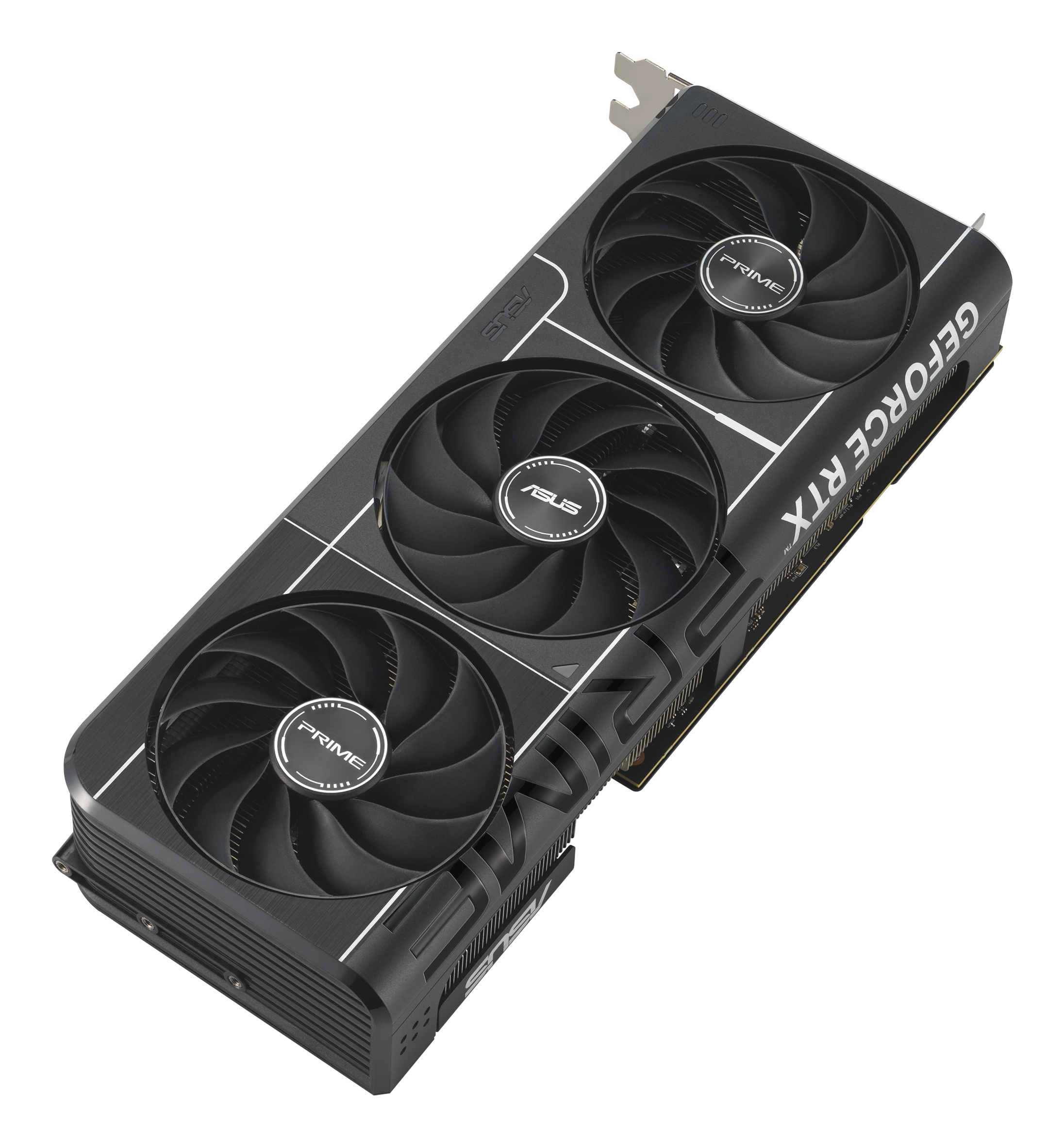 Una scheda grafica ASUS GeForce RTX nera e argento. Ha tre ventole, la parola PRIME e GeForce RTX scritta.