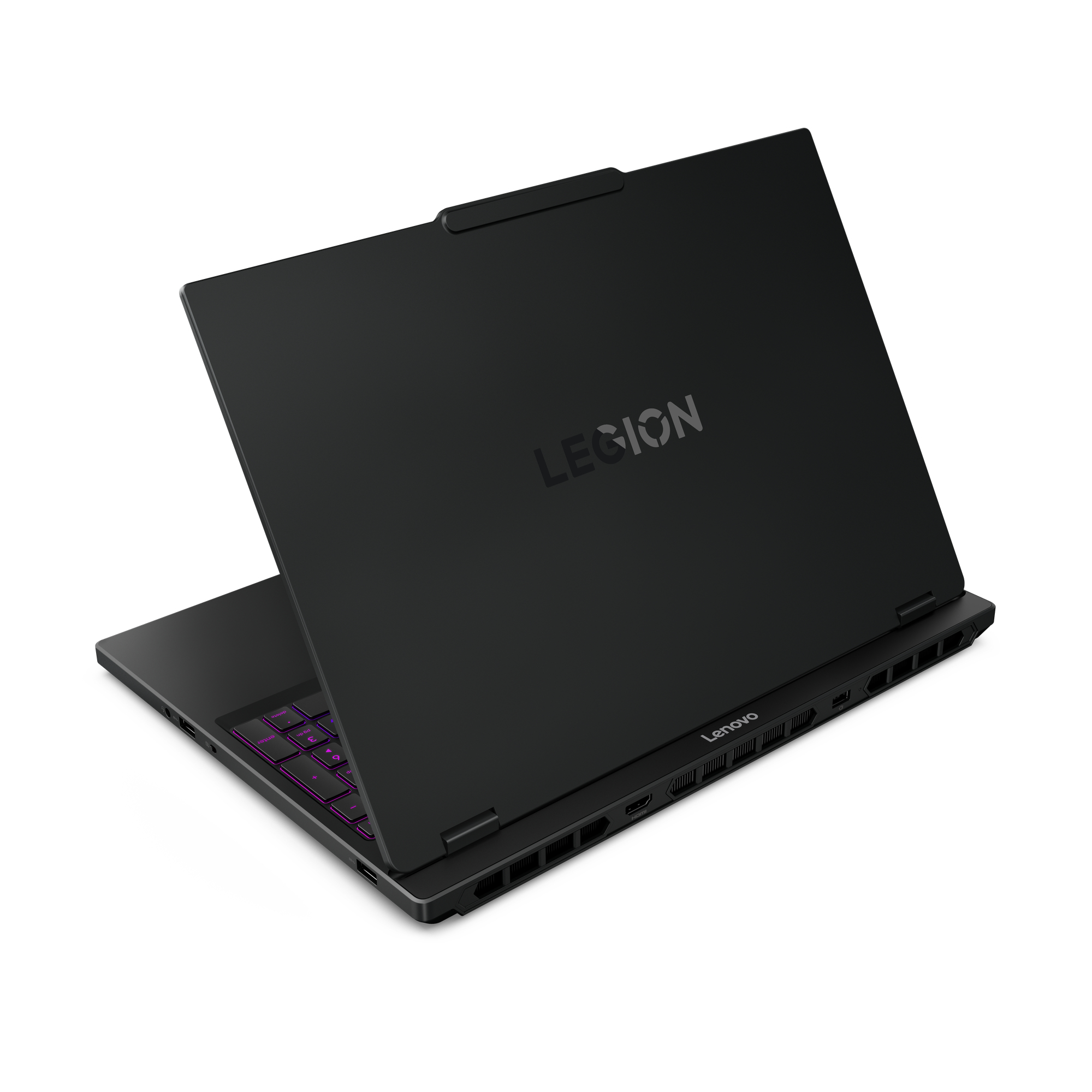 Laptop Lenovo Legion nero, parzialmente aperto, con tastiera con tasti viola illuminati e logo Legion sul coperchio.