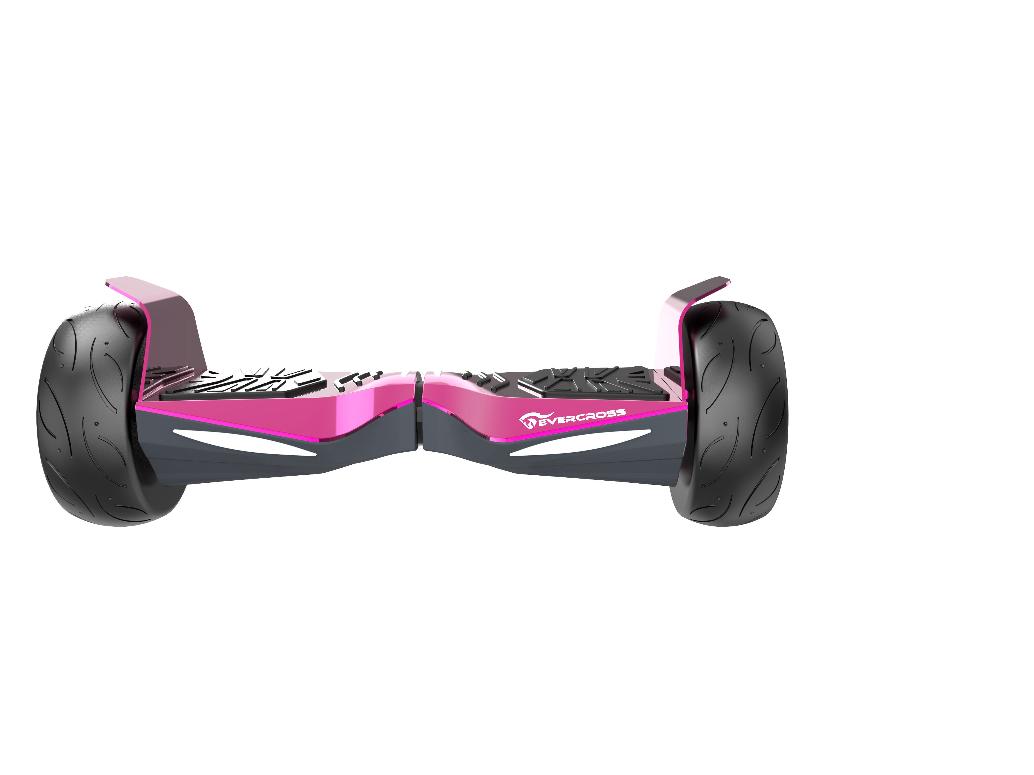 A pink and gray hoverboard with black wheels, set against a black background, the brand name is Evercross.
