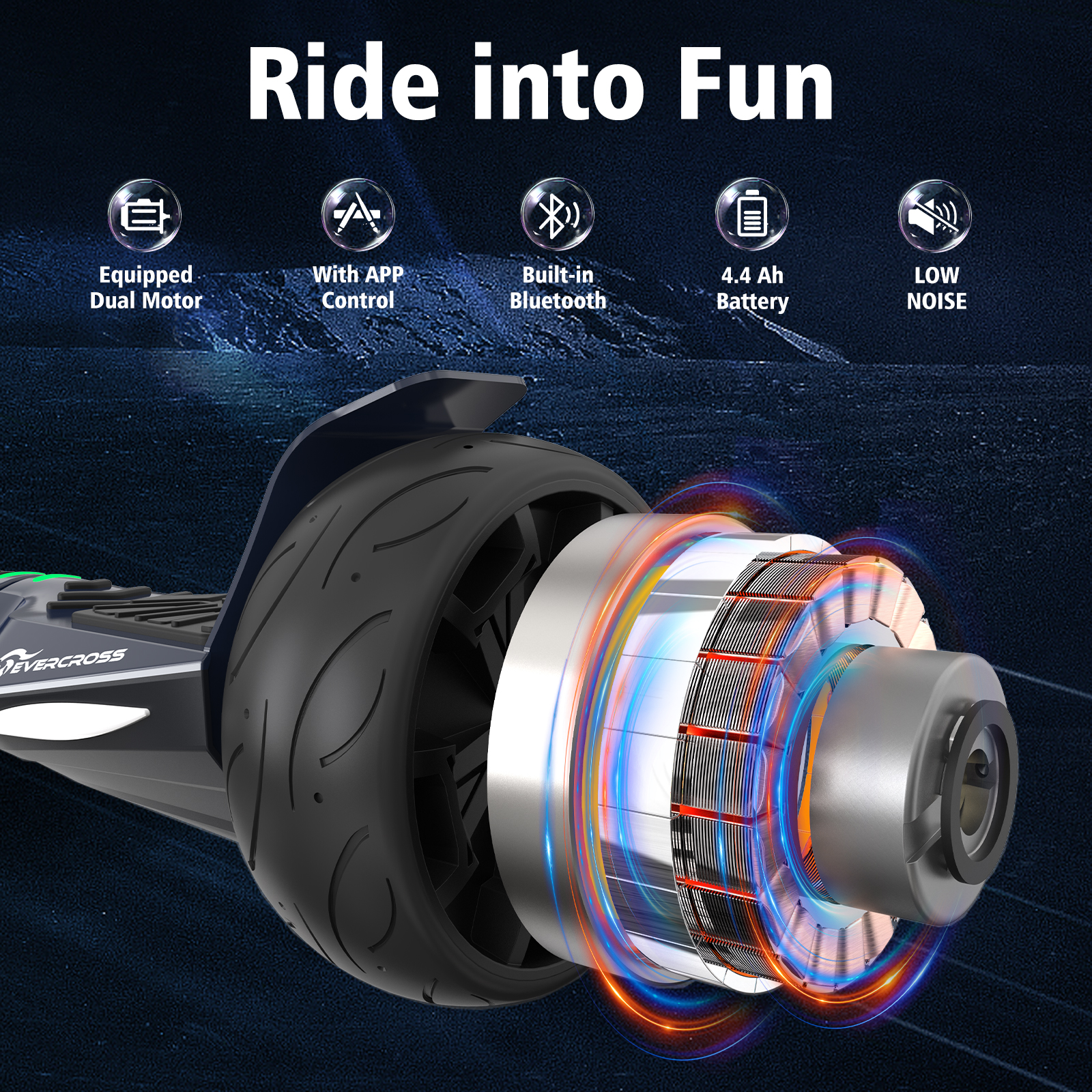 Un hoverboard con un corte que muestra su motor y características. Texto: Motor dual, Control APP, Bluetooth, Batería 4.4 Ah, Bajo ruido.