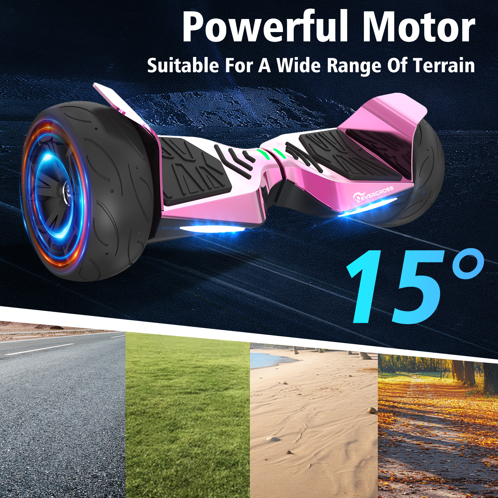 Pink hoverboard with blue LED lights, black tires, and textured footpads. Below are four different surfaces: asphalt, grass, sand, and a path.