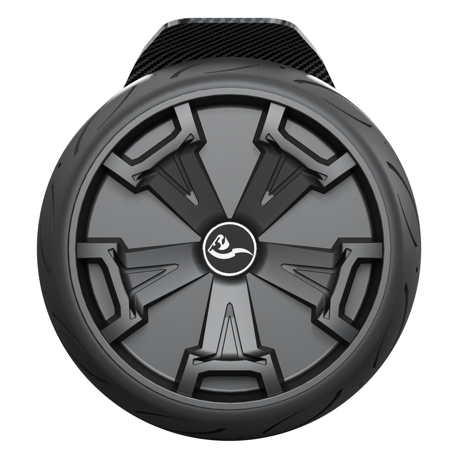 Black wheel with a central hub design and a carbon fiber fender. The hub has a logo inside a white circle.