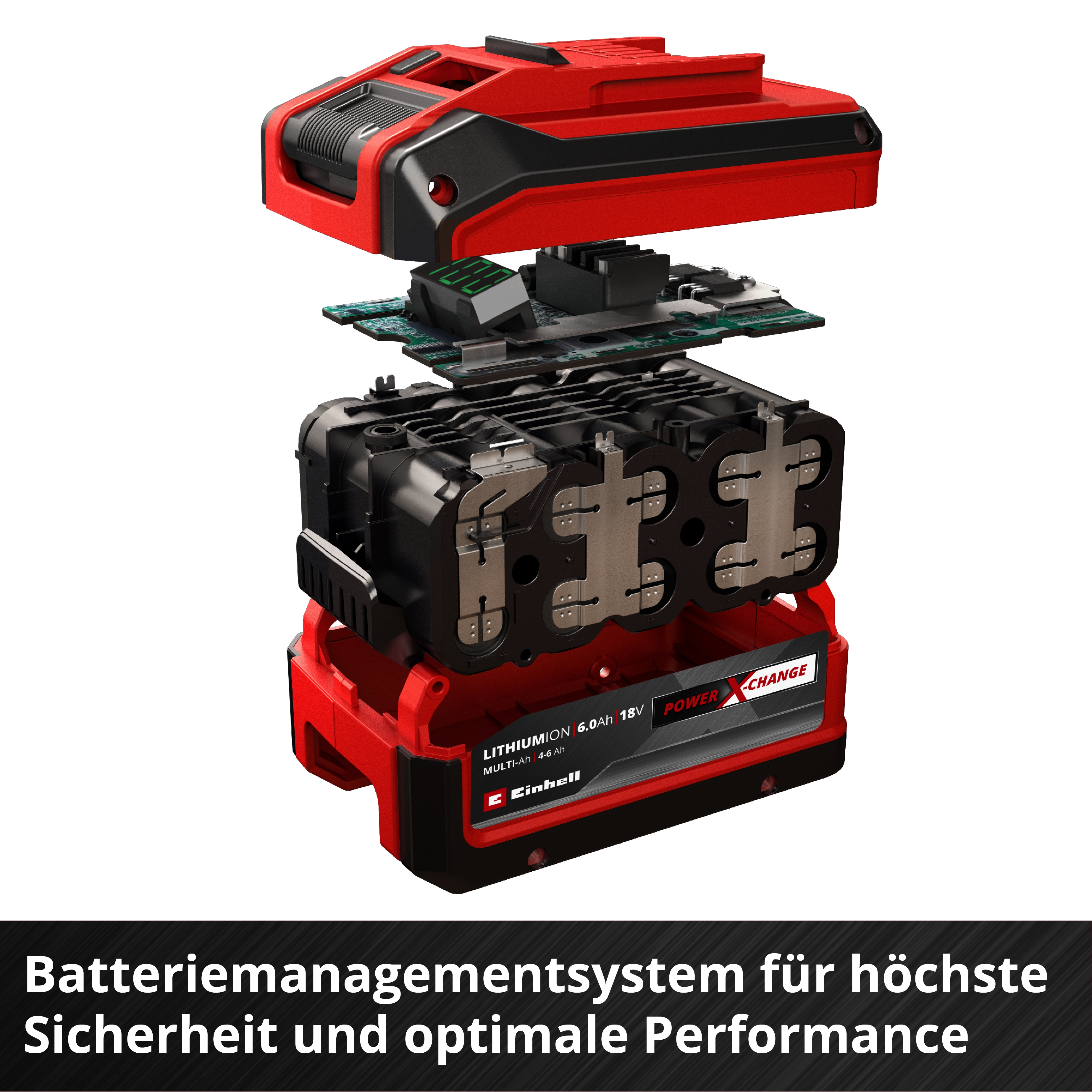 Vista esplosa di un pacco batteria rosso e nero, che mostra i componenti interni e il testo sulla sicurezza e le prestazioni.