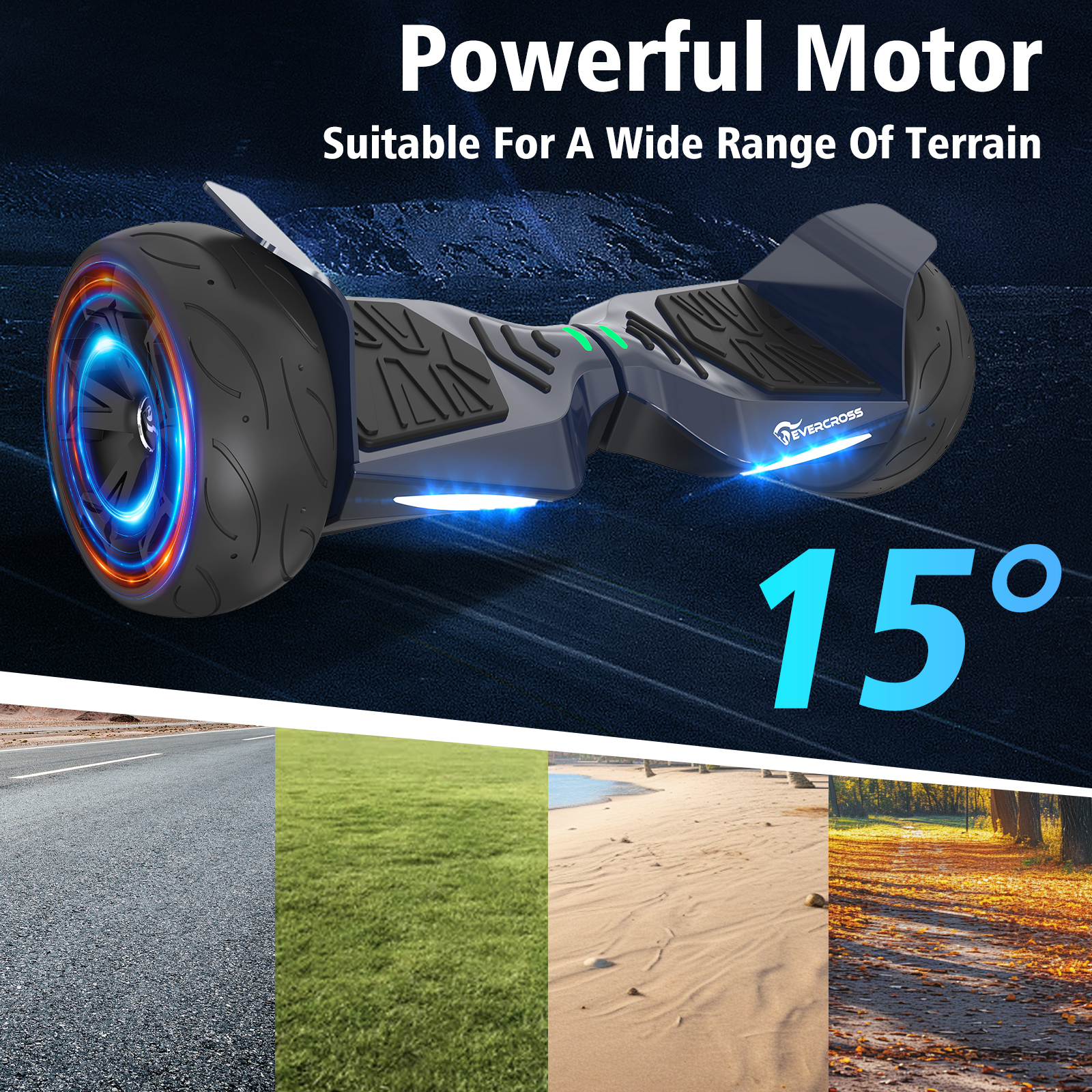 Hoverboard with glowing wheels, text: Powerful Motor. Insets: road, grass, sand, and autumn path.