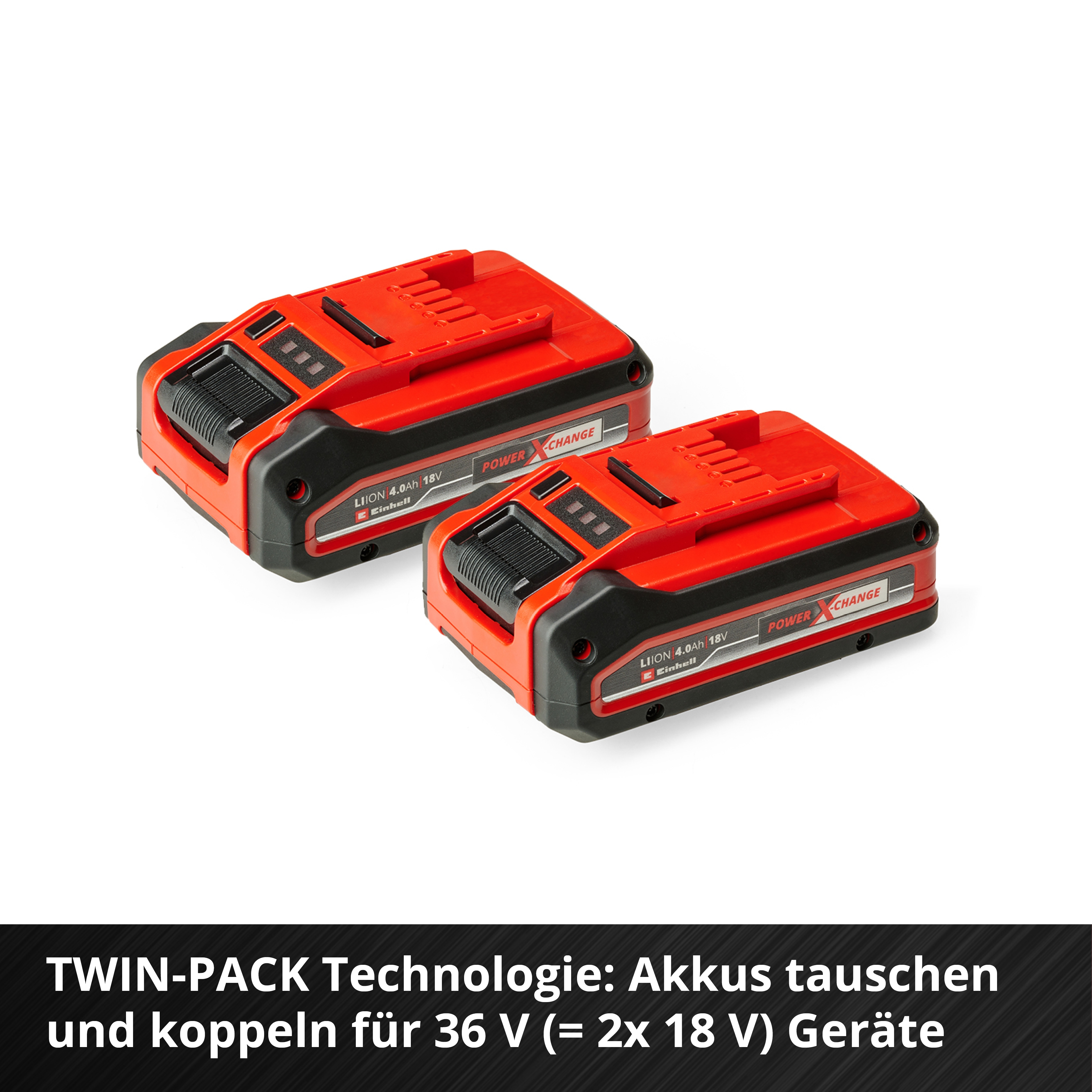 Due batterie rosse e nere per utensili elettrici su sfondo bianco. Testo: Tecnologia Twin-Pack.