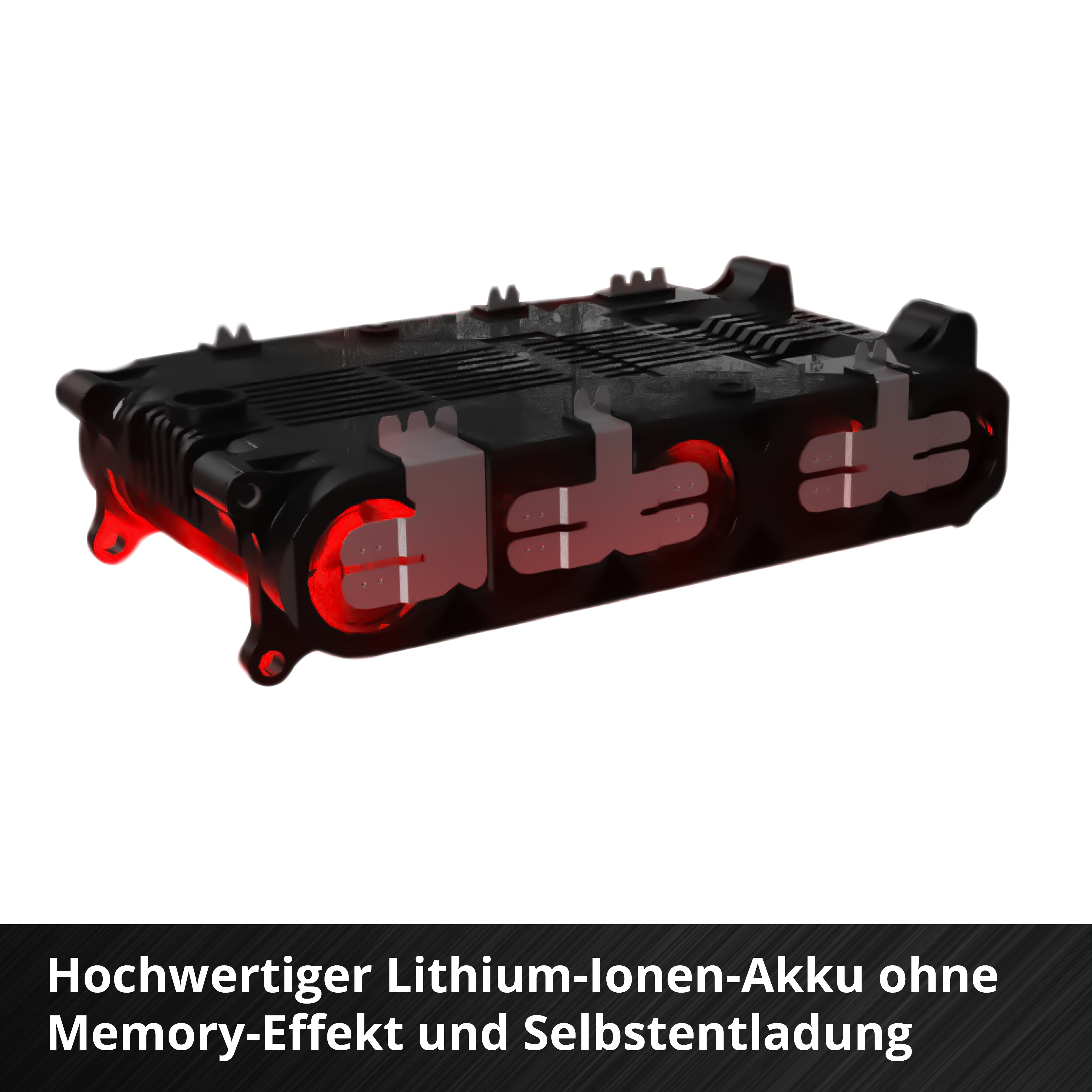 Ein schwarzer Akku mit rot leuchtenden Elementen, weißer Hintergrund und Text unten.