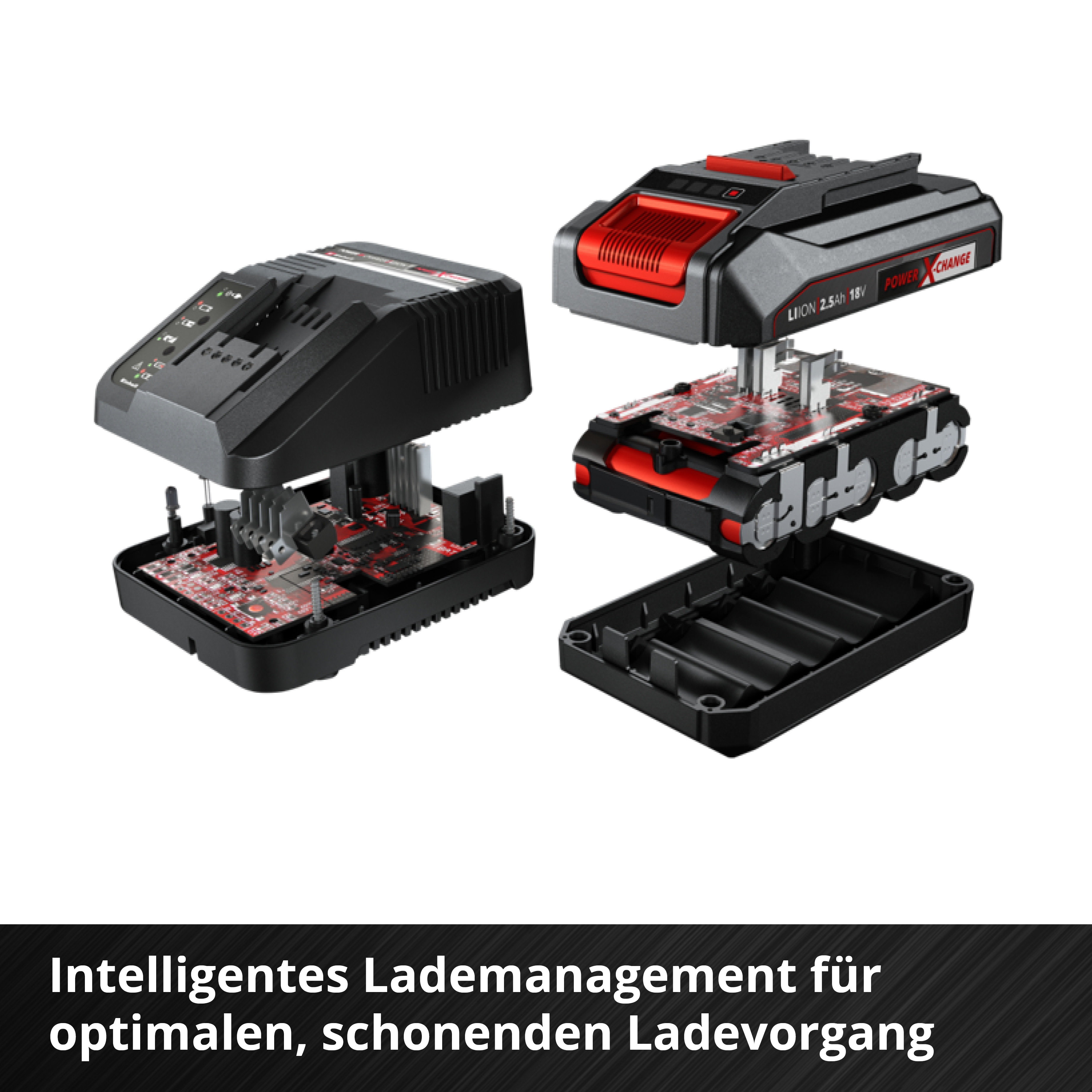 Explodierte Ansicht eines schwarz-roten Batterieladegeräts, das Innenkomponenten zeigt. Text unten: 'Intelligentes Laden'.