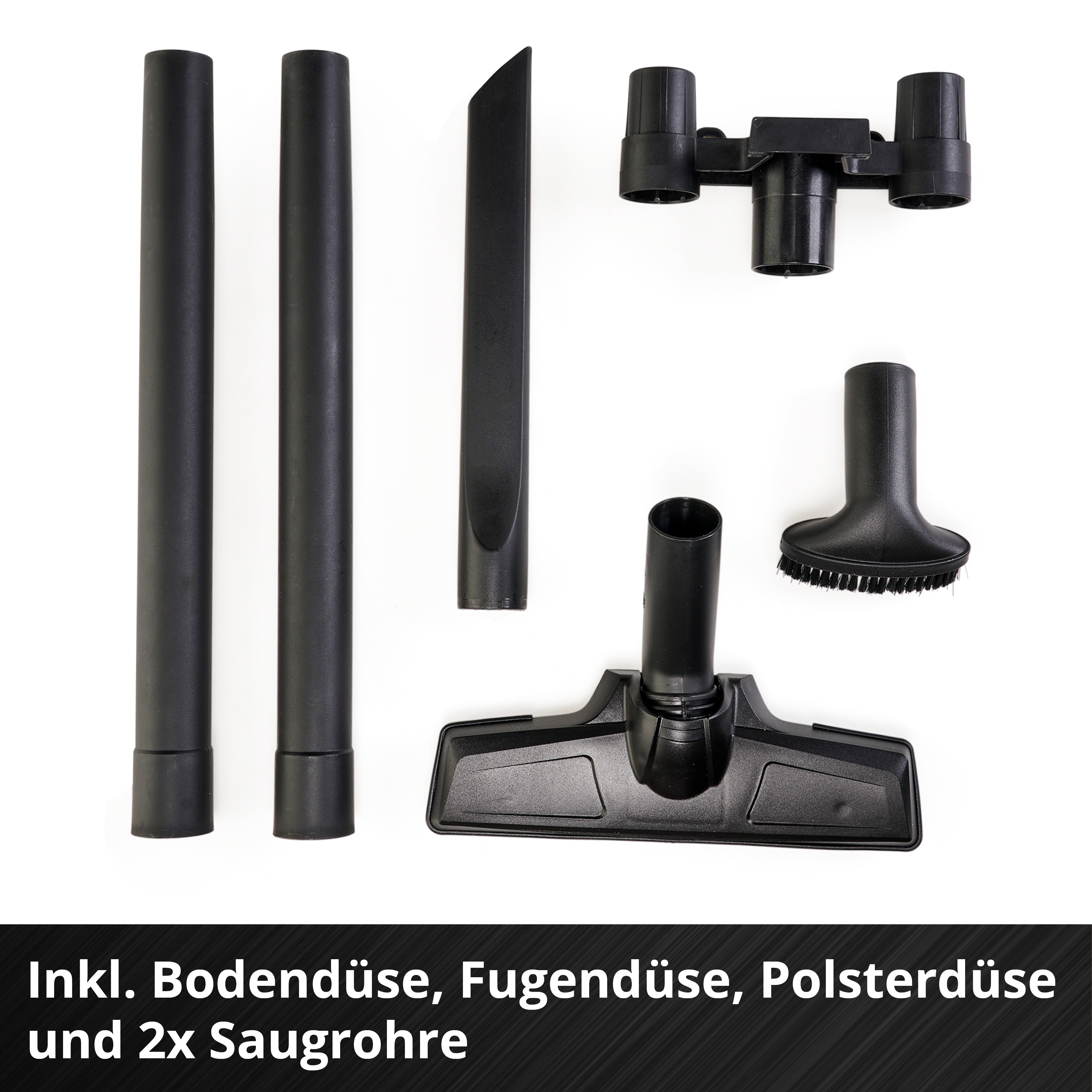 Schwarze Staubsaugerteile auf weißem Hintergrund. Enthält Rohre, Düsen und einen Bürstenkopf.