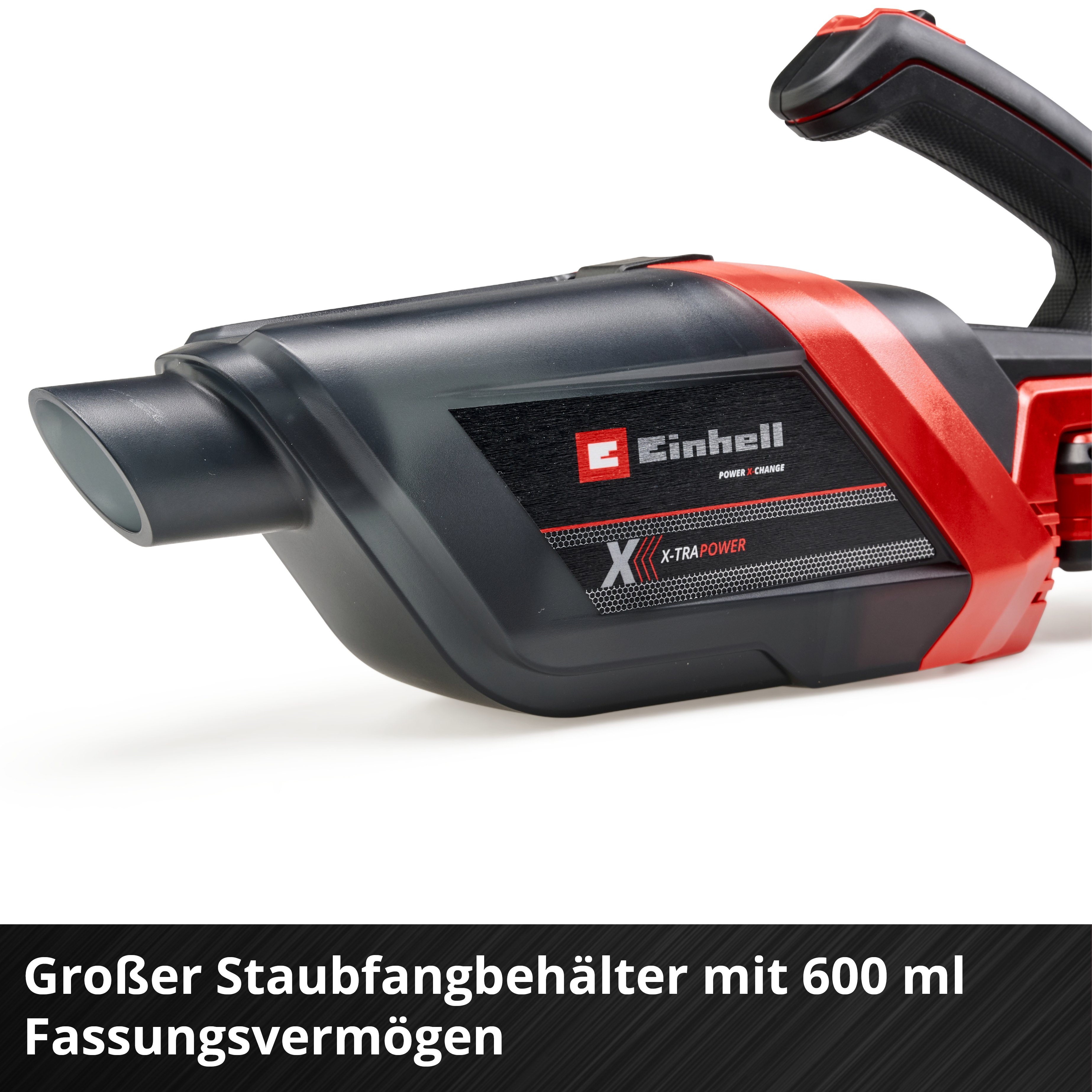Ein schwarzer und roter Einhell-Staubsauger mit X-TRA POWER-Etikett. Er hat einen großen Staubbehälter und befindet sich auf weißem Hintergrund.