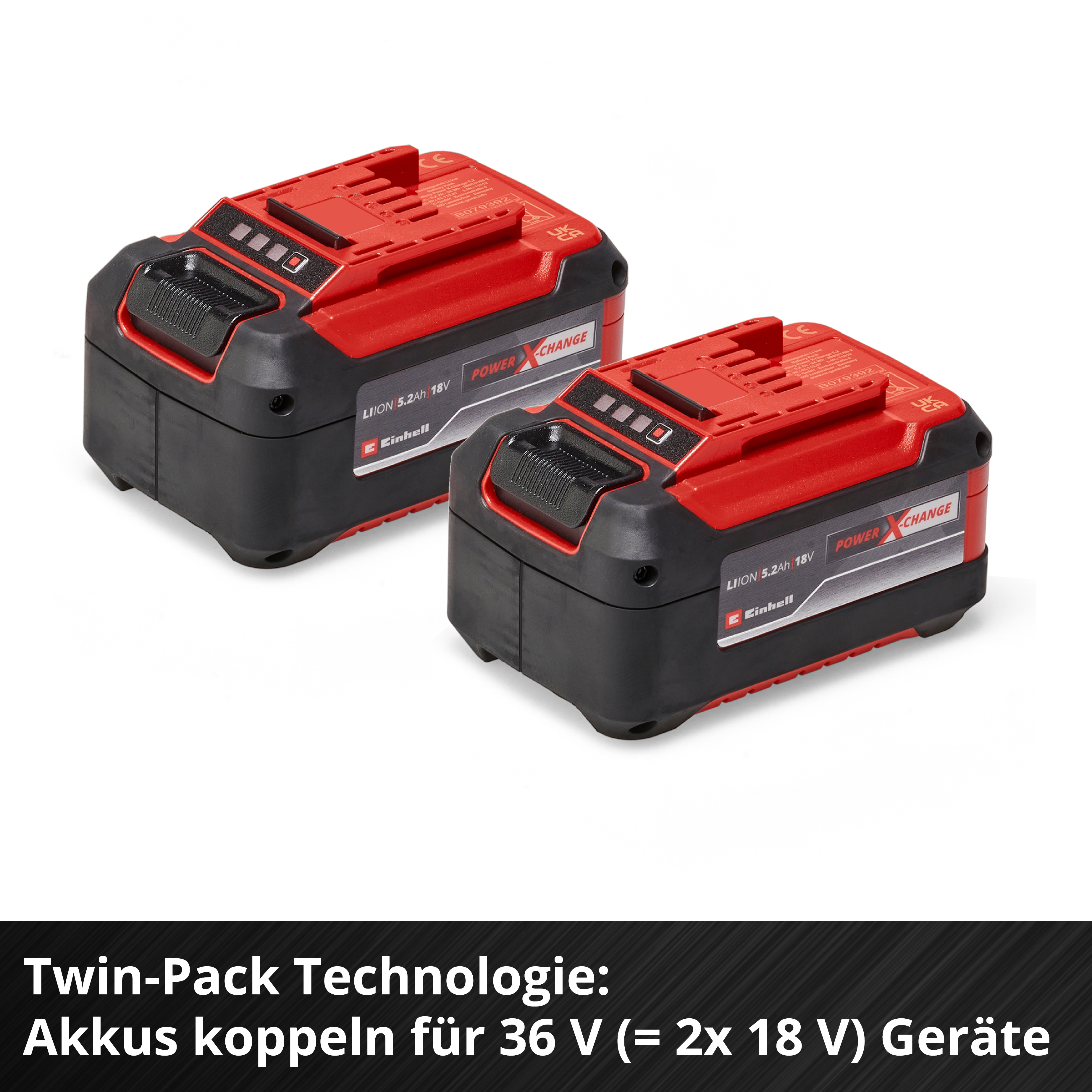 Due batterie rosse e nere. Ognuna ha un indicatore di alimentazione e il marchio Einhell. Sfondo bianco.