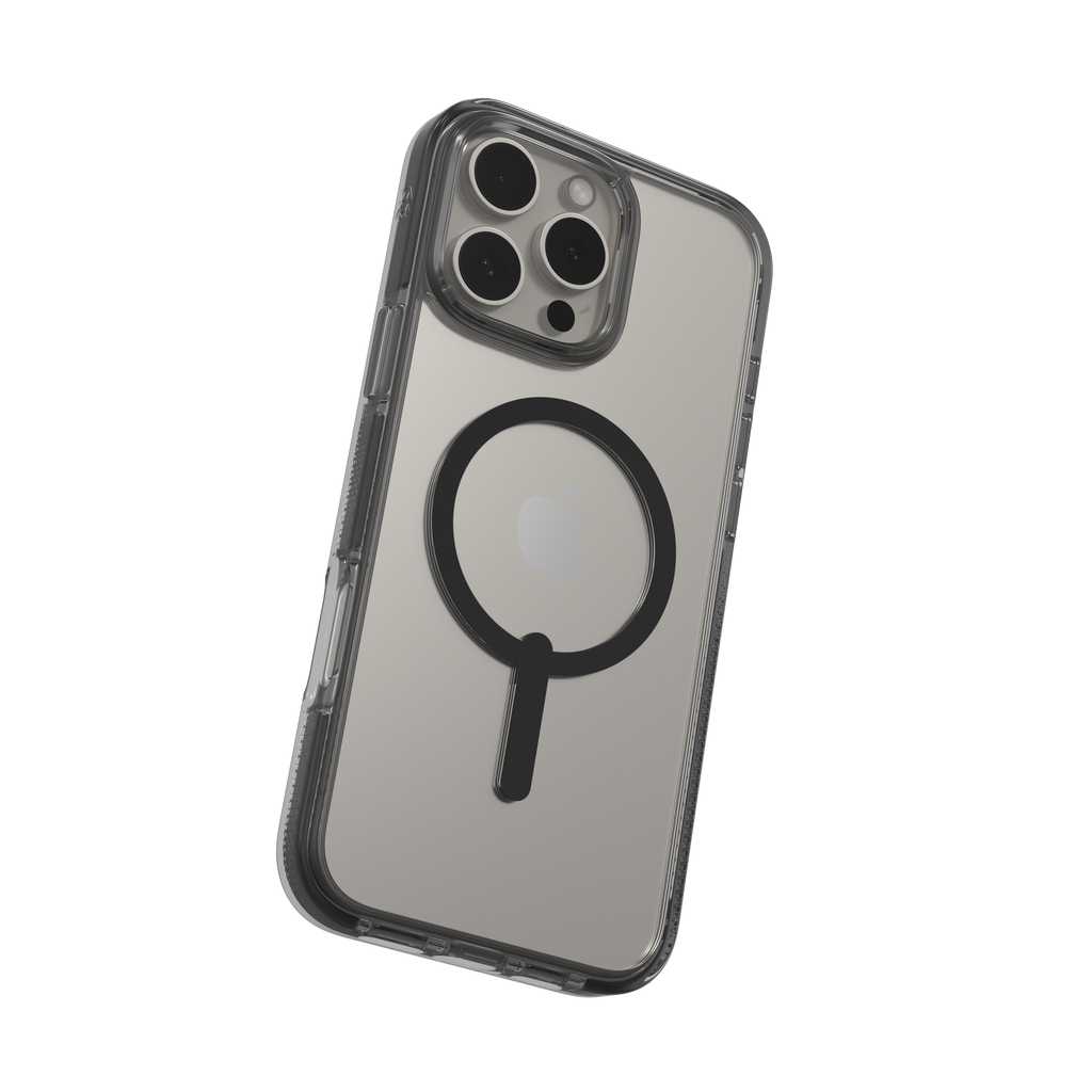 Custodia trasparente per telefono con anello magnetico nero e lenti della fotocamera visibili. Logo Apple al centro. Trasparente, angolato su bianco.