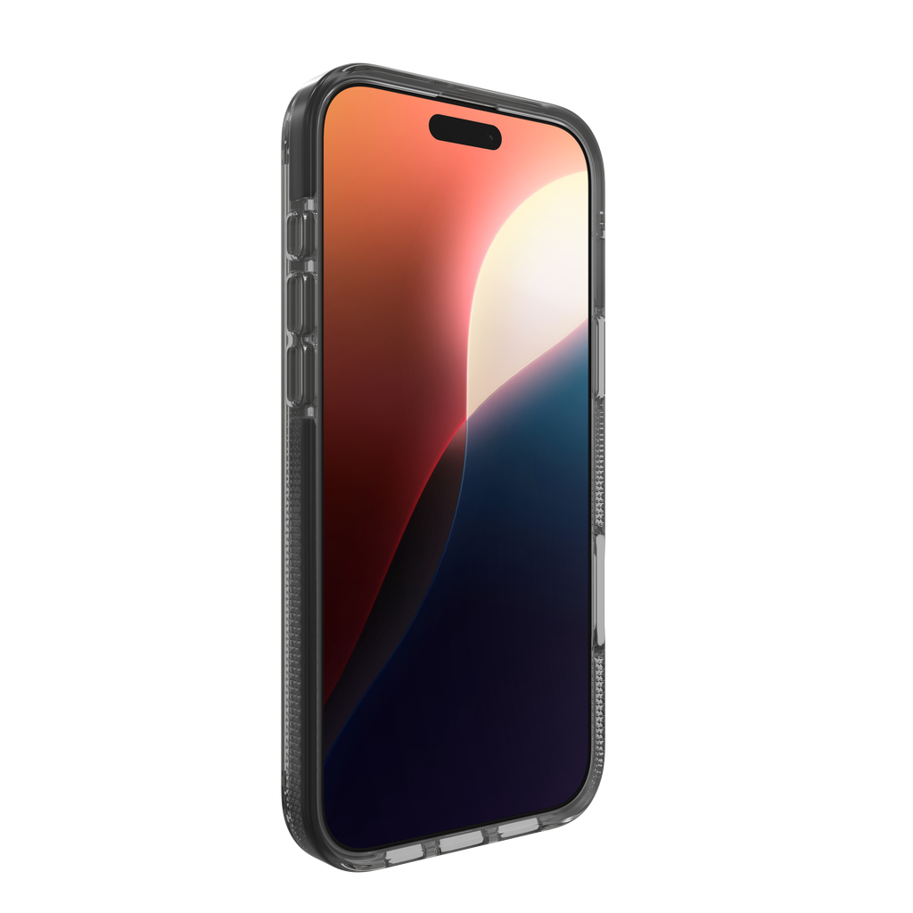 Uno smartphone in una custodia trasparente, che mostra uno sfondo astratto colorato. La custodia è leggermente angolata, mostrando i pulsanti laterali.