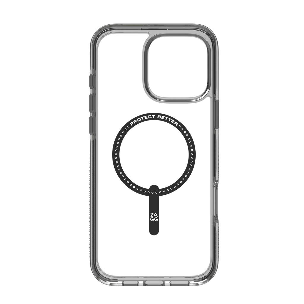 Custodia trasparente per telefono con design circolare nero. Il design presenta il testo 'PROTECT BETTER' e il logo 'ZA GG'.