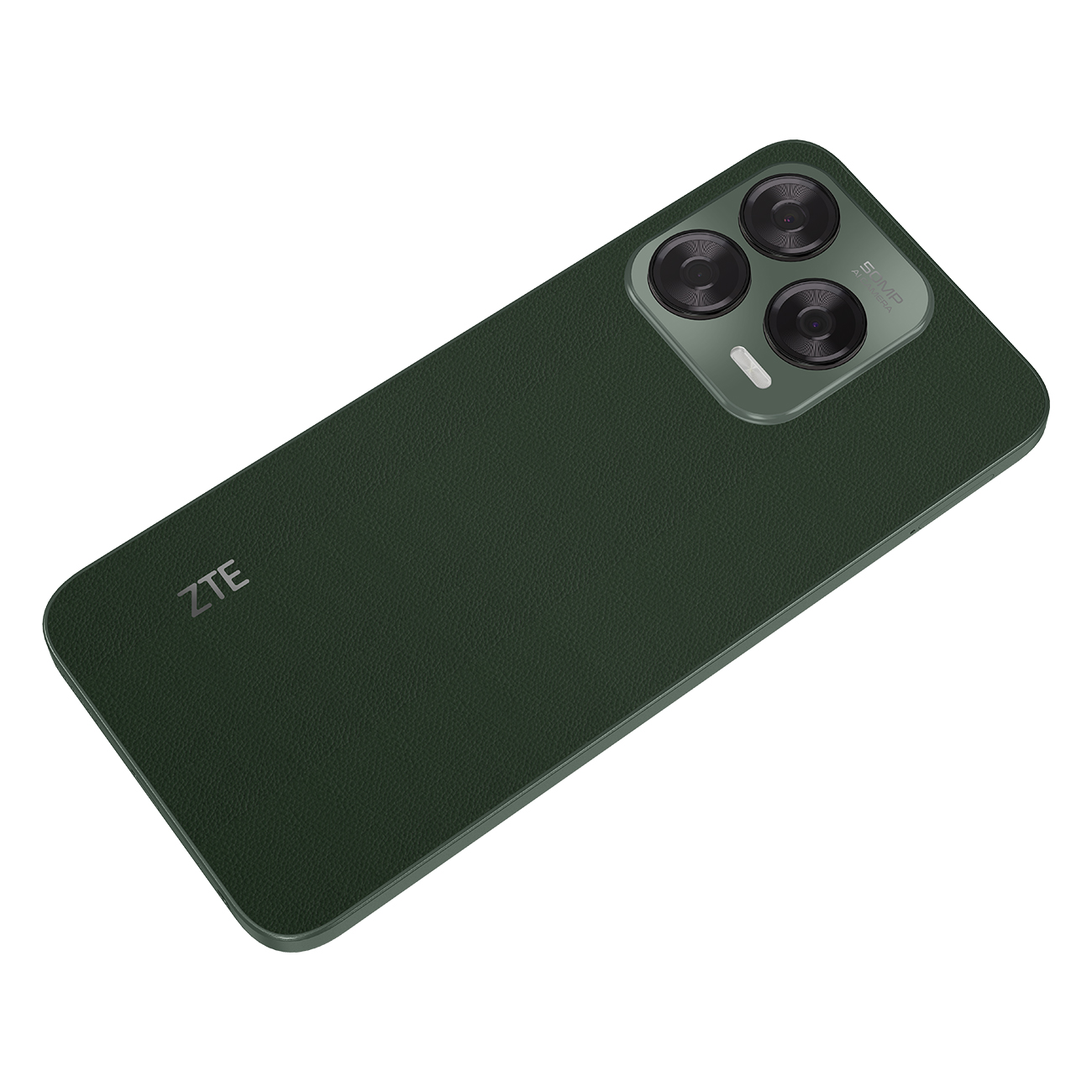 Ciemnozielony smartfon ZTE. Posiada trzy aparaty. Telefon ma teksturowany tył. Widoczna jest nazwa marki ZTE.