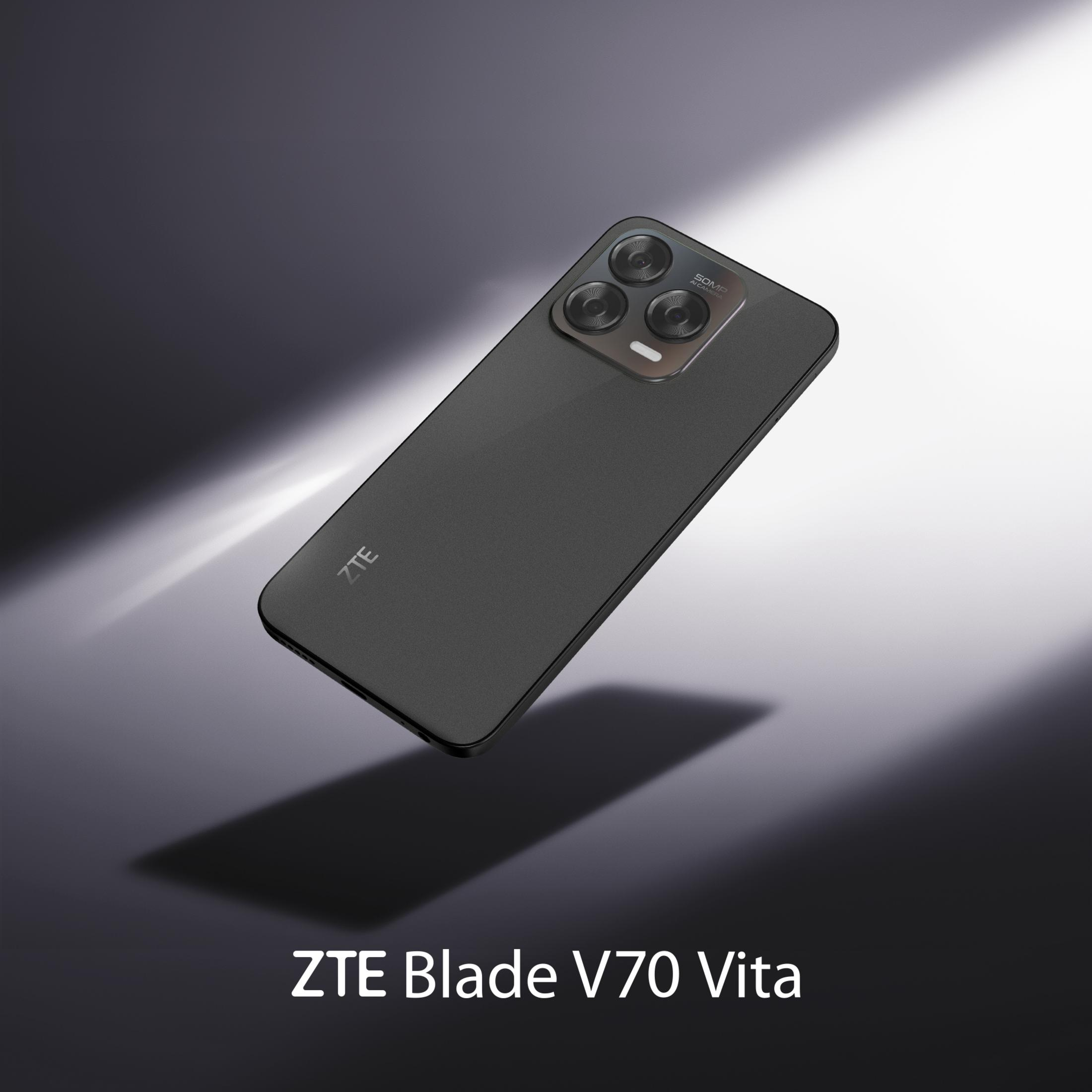 Czarny smartfon ZTE Blade V70 Vita z potrójnym aparatem, unoszący się w przestrzeni. Ciemne tło z gradientem światła.