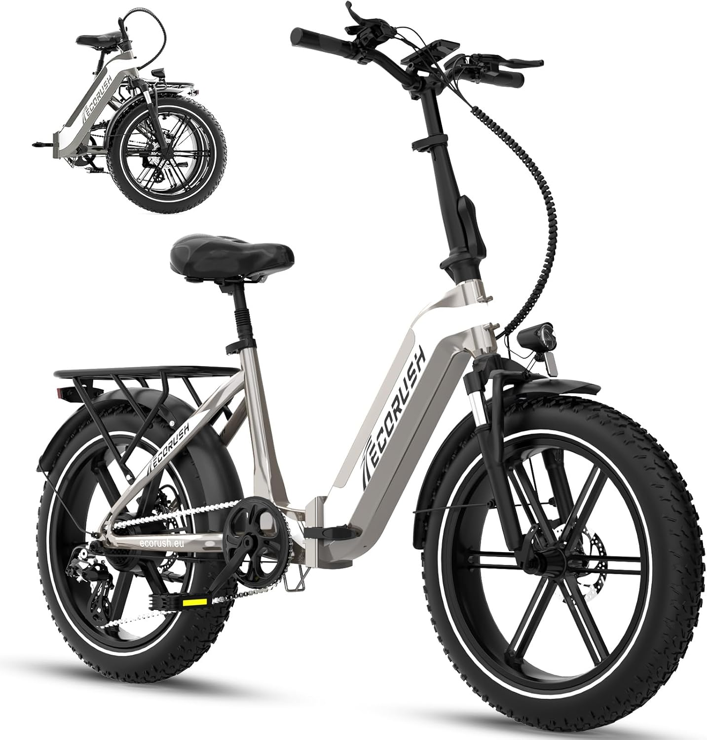 Un vélo électrique pliant argent et noir, le 'Ecorush', est affiché. Une seconde version pliée est également visible.