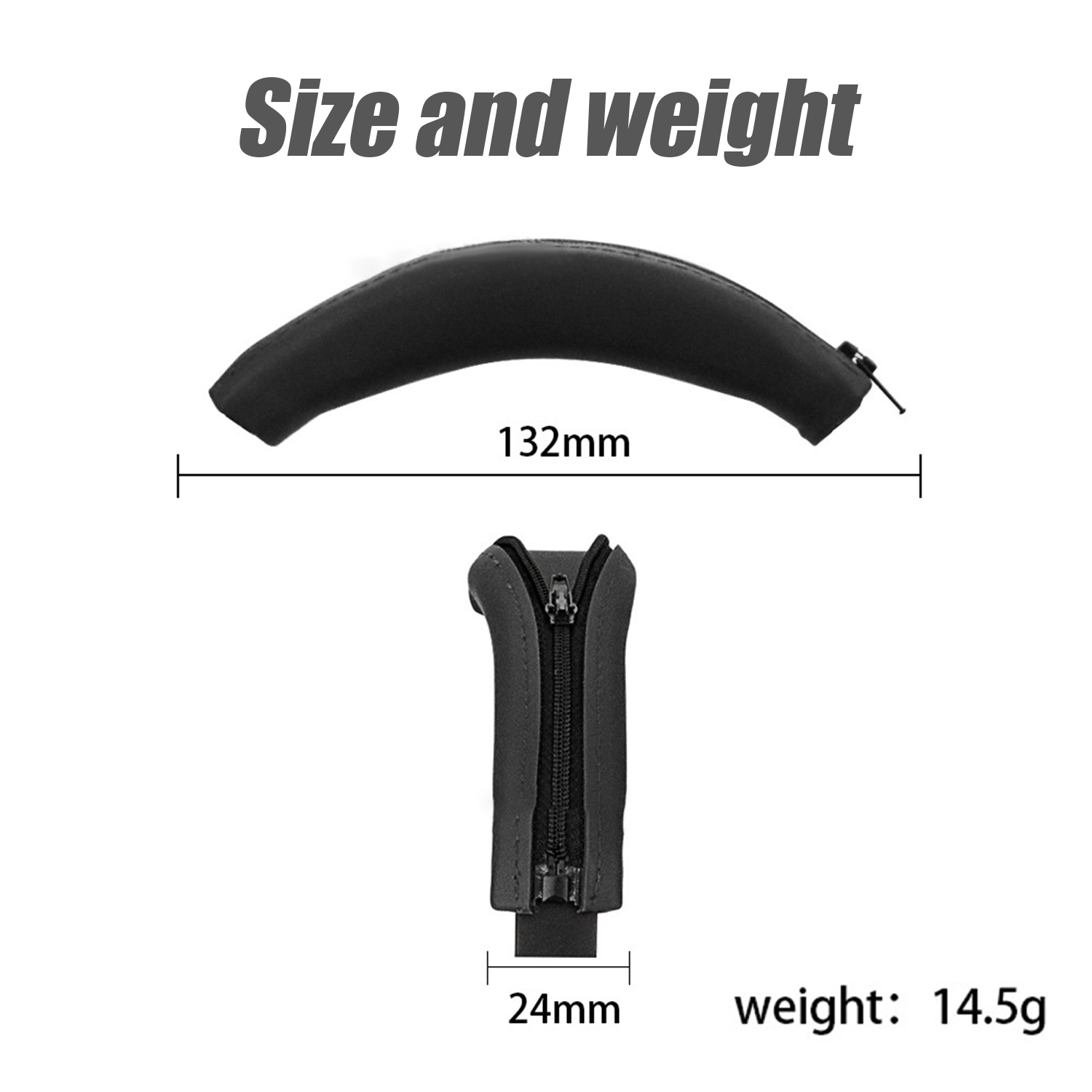Obrazek przedstawia czarny produkt z informacjami o rozmiarze i wadze. Zawiera wymiary 132 mm, 24 mm i wagę 14,5 g.