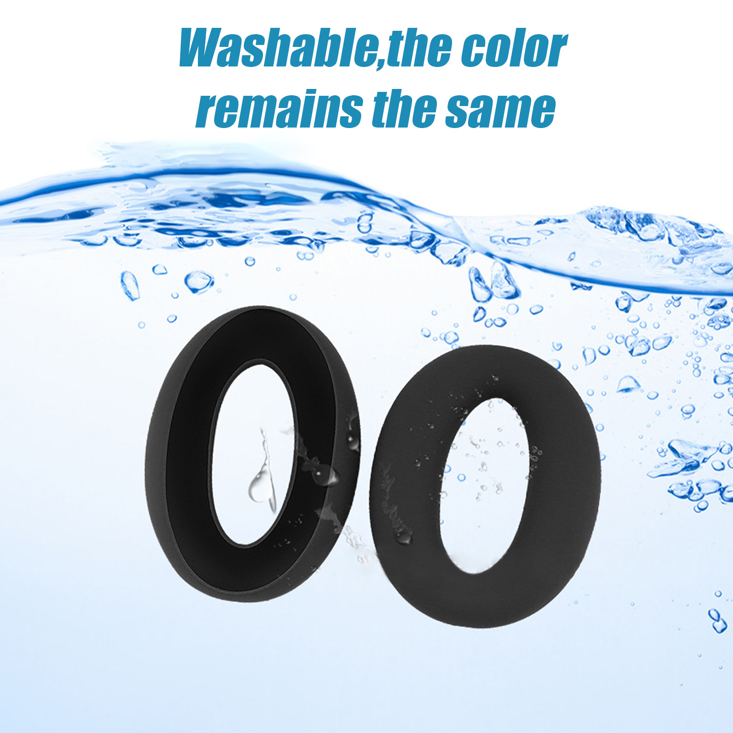 Dwie czarne litery 'O' zanurzone w wodzie. Widoczne krople i pęcherzyki. Tekst 'Zmywalny, kolor pozostaje taki sam' u góry.