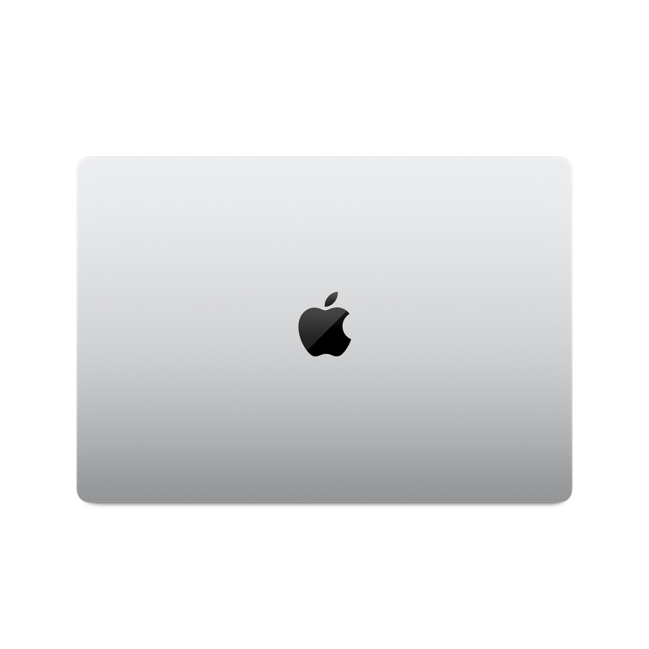 Srebrna pokrywa laptopa z czarnym logo Apple pośrodku. Tło jest białe.