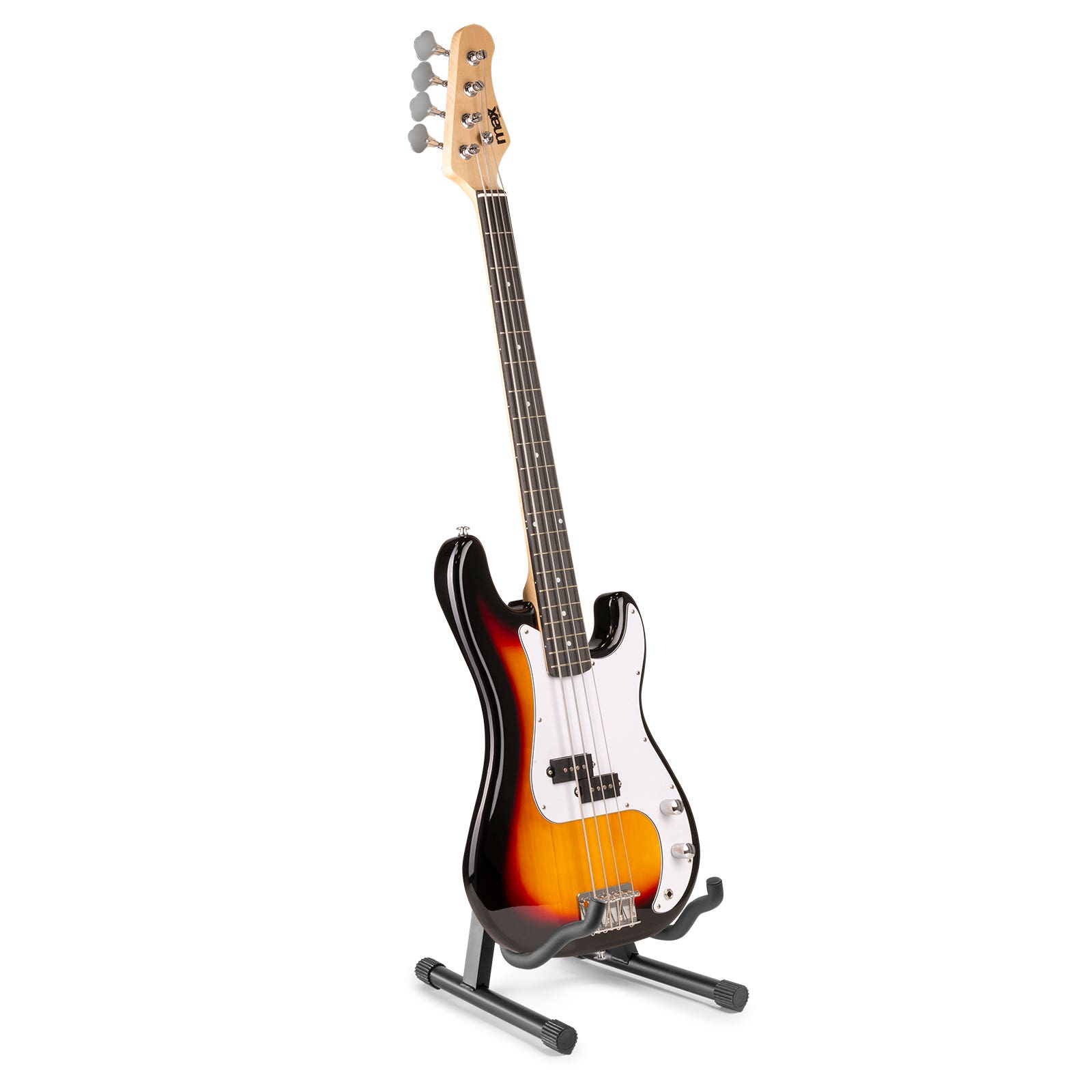 Ein Bassgitarre mit Sonnenuntergangs-Effekt auf einem schwarzen Ständer, vor weißem Hintergrund. Die Gitarre hat Schwarz, Orange und Weiß.