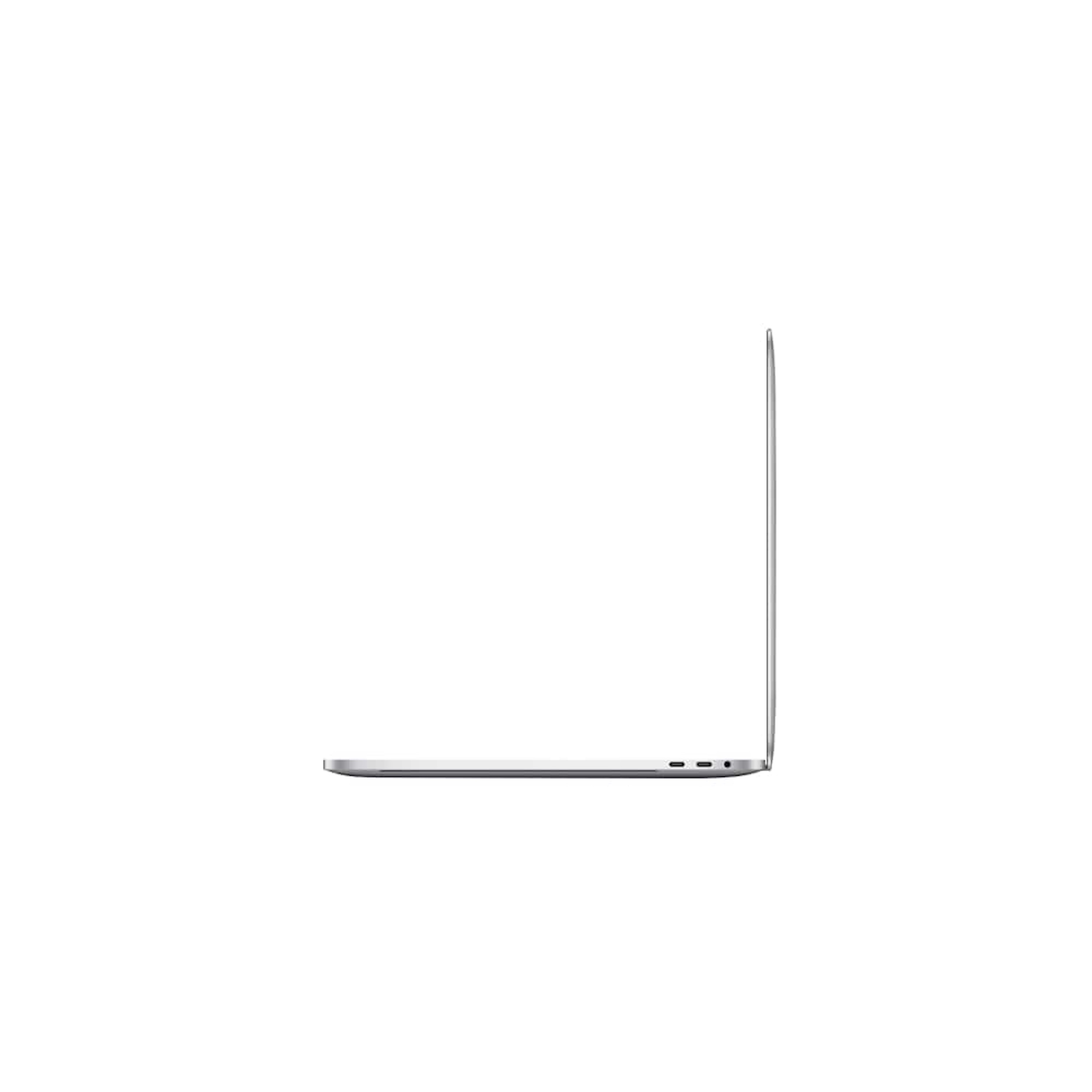 Widok z boku srebrnego laptopa. Ekran jest zamknięty, pokazując cienki profil. Tło jest białe.