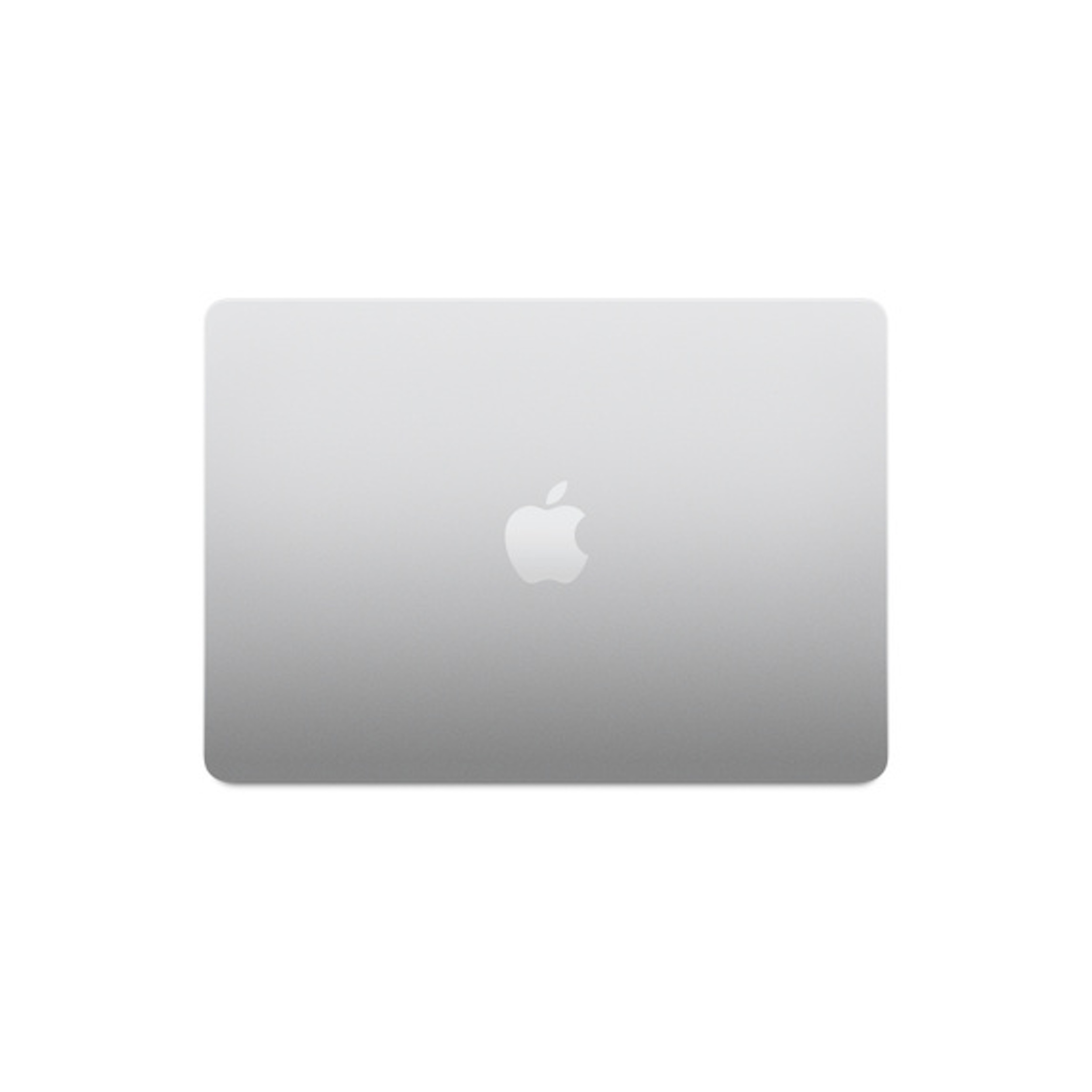 Srebrna pokrywa laptopa z logo Apple pośrodku. Zaokrąglone rogi, gładkie tło. Czysty, minimalistyczny design.