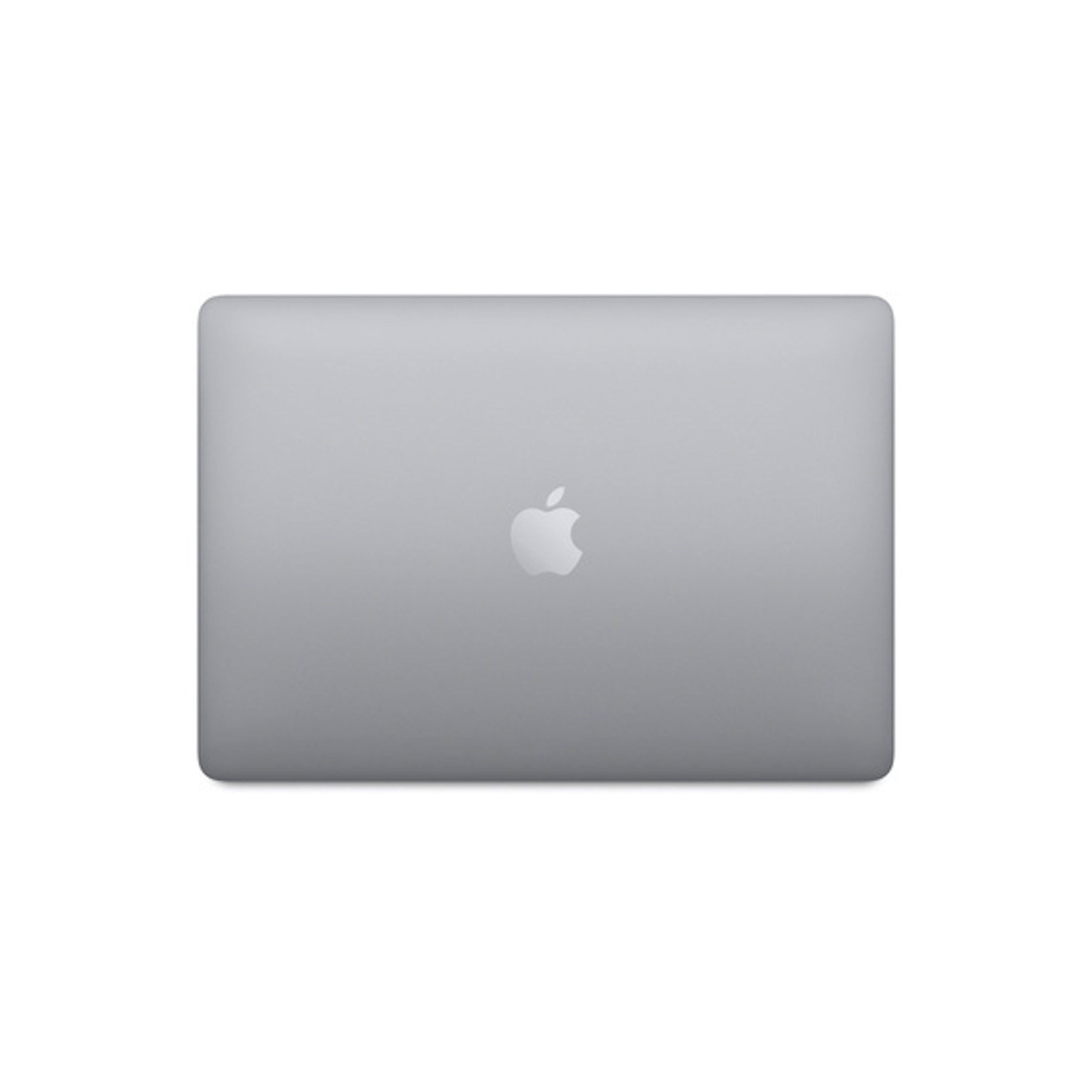 Srebrny laptop, zamknięty, z logo Apple na górze. Tło jest białe.