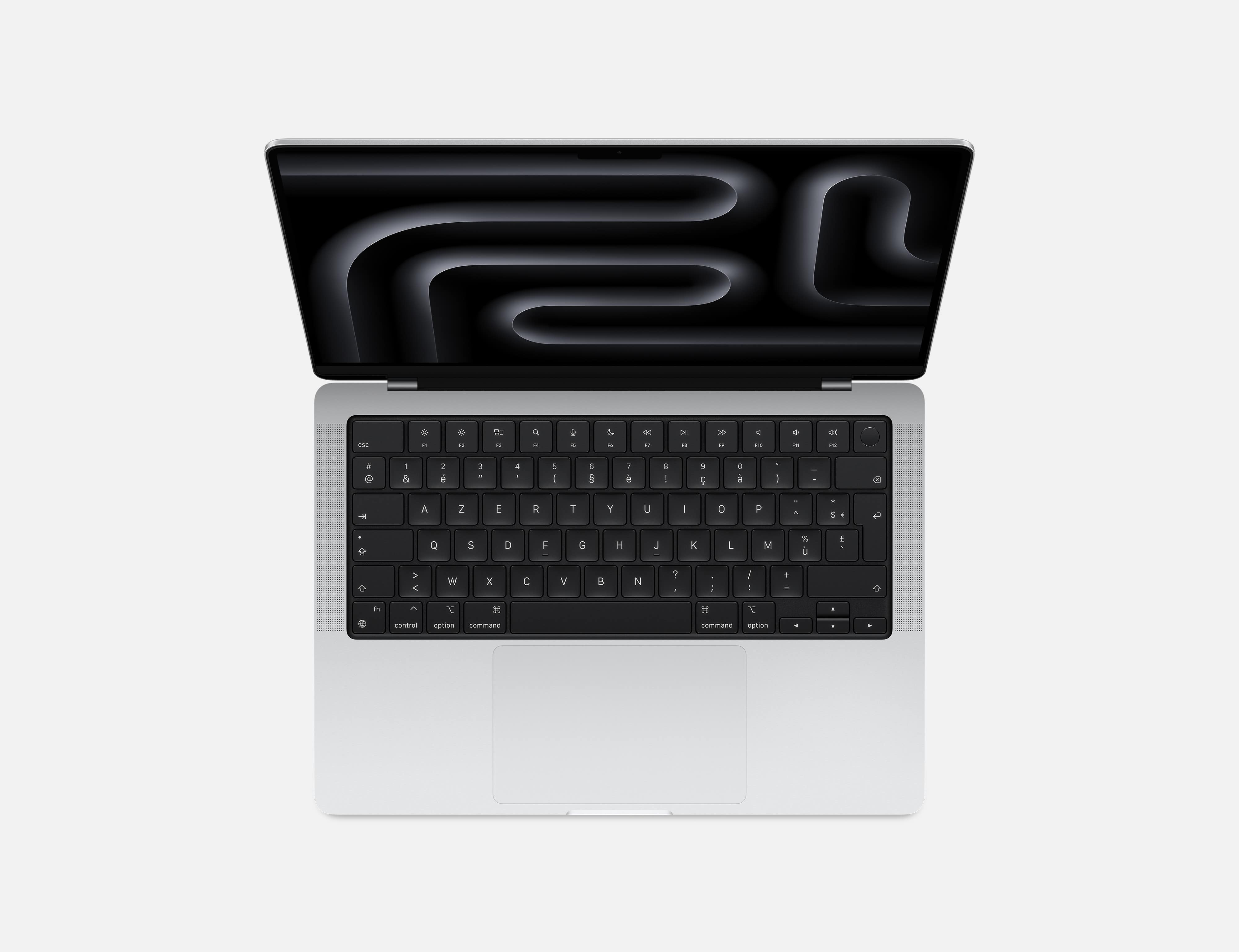 Laptop open op wit oppervlak. Toetsenbord zichtbaar, zwarte toetsen, zilveren behuizing. Abstracte golven.