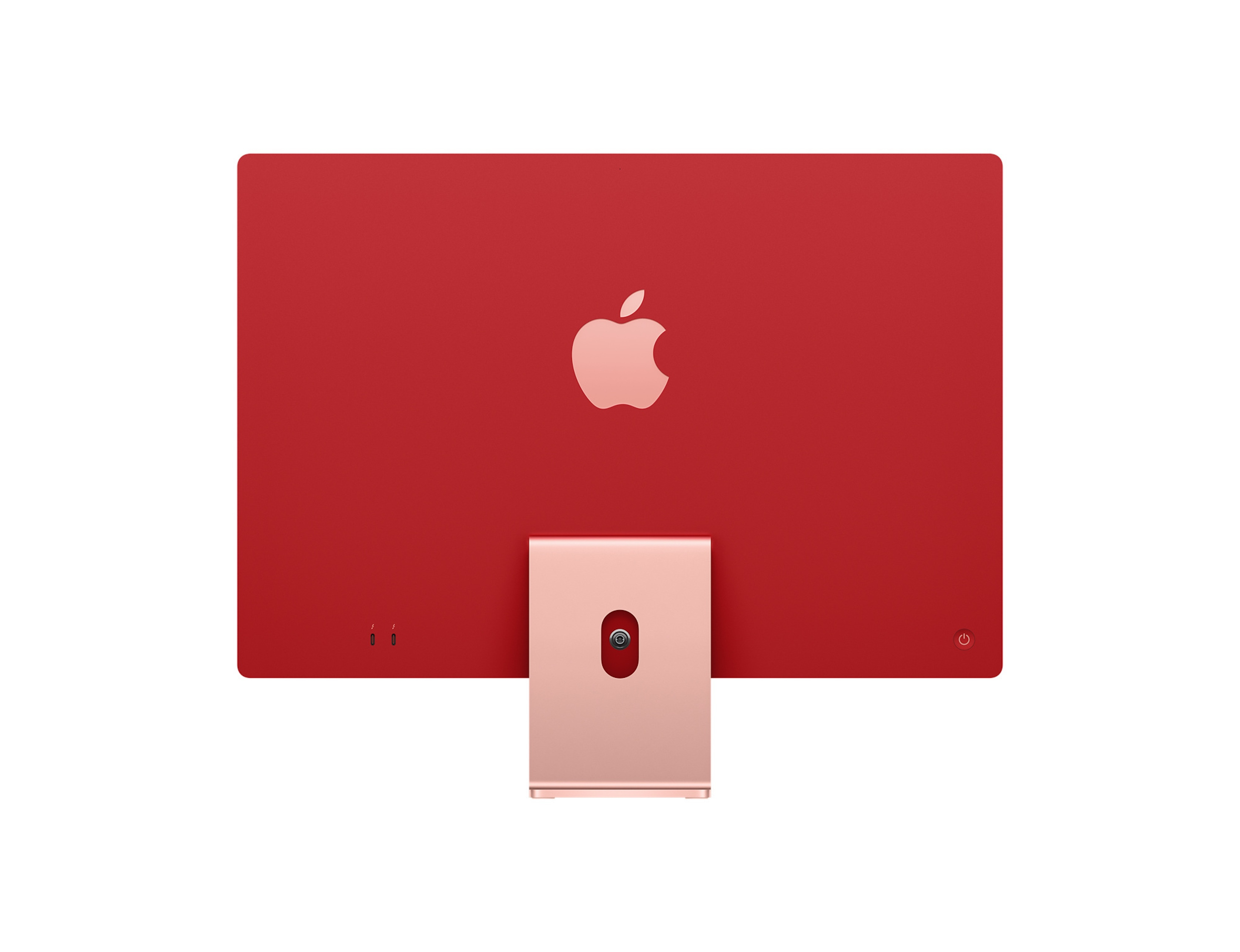 Rückansicht eines roten iMac-Computers. Er hat das Apple-Logo auf der Rückseite und einen Ständer.