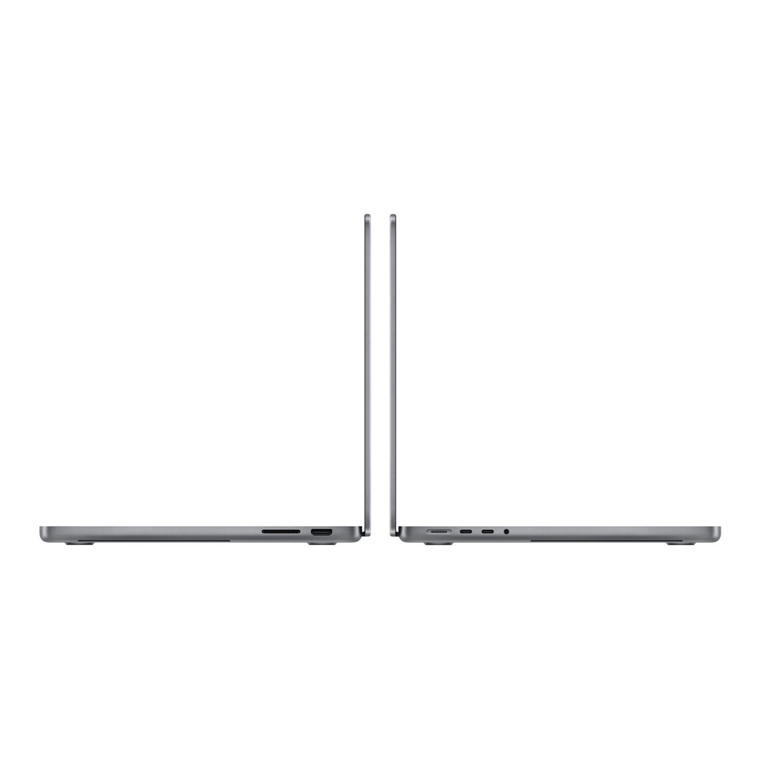 Twee grijze laptops naast elkaar, met hun zijkanten. Witte achtergrond.