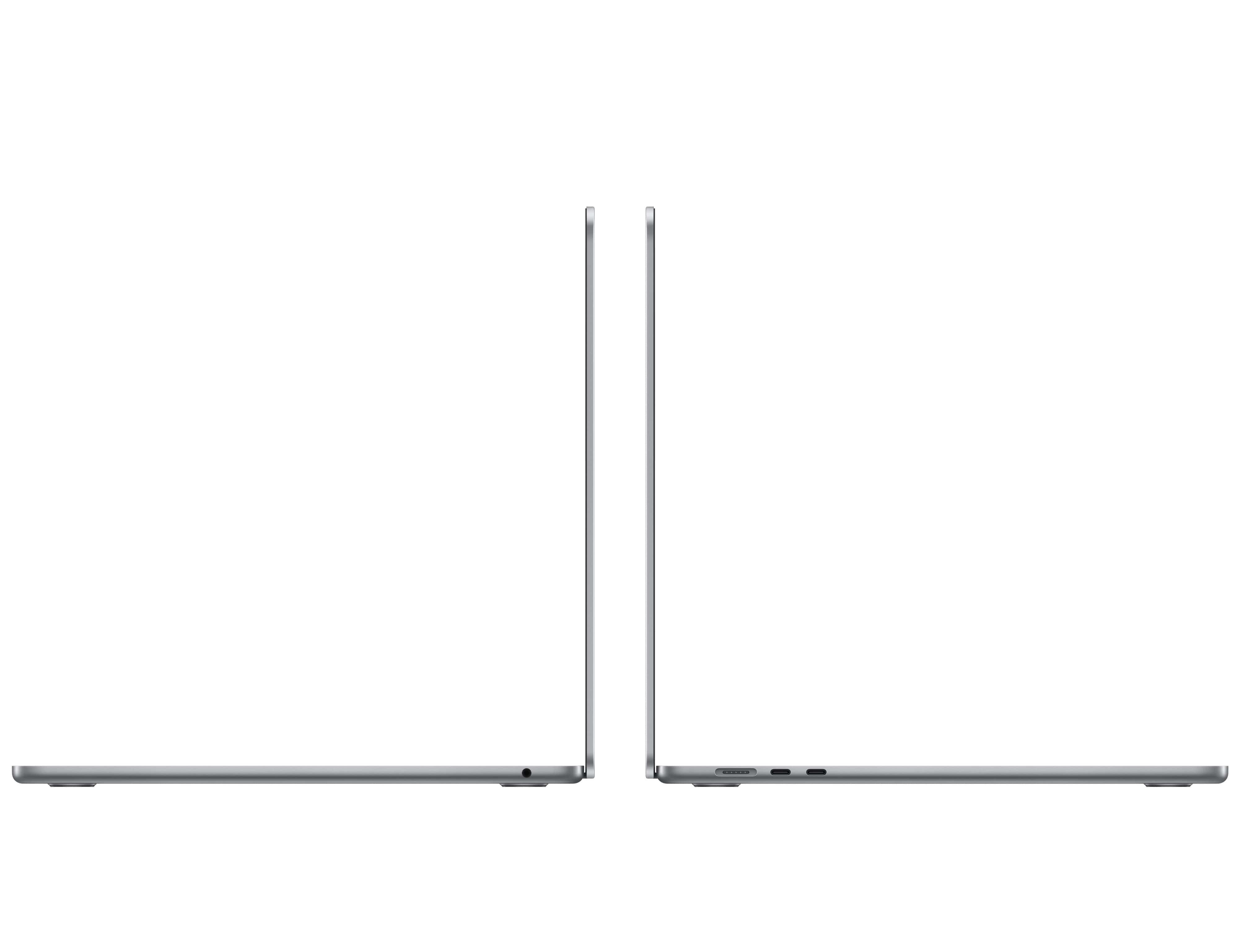 Zwei silberne Laptops nebeneinander, von der Seite betrachtet. Der Hintergrund ist weiß.