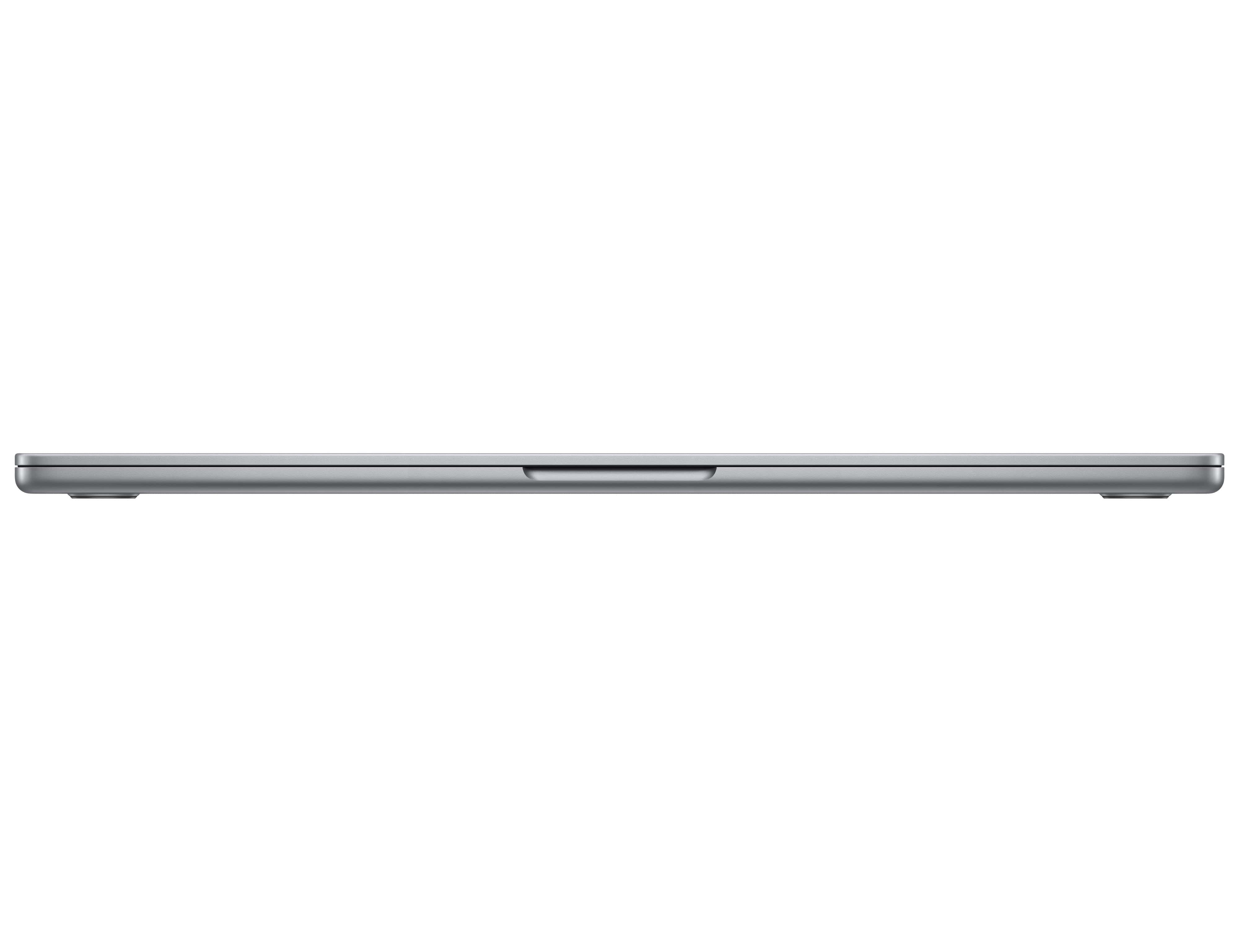 Ein geschlossener, silberner Laptop wird von der Seite gesehen, sein dünnes Profil vor weißem Hintergrund.