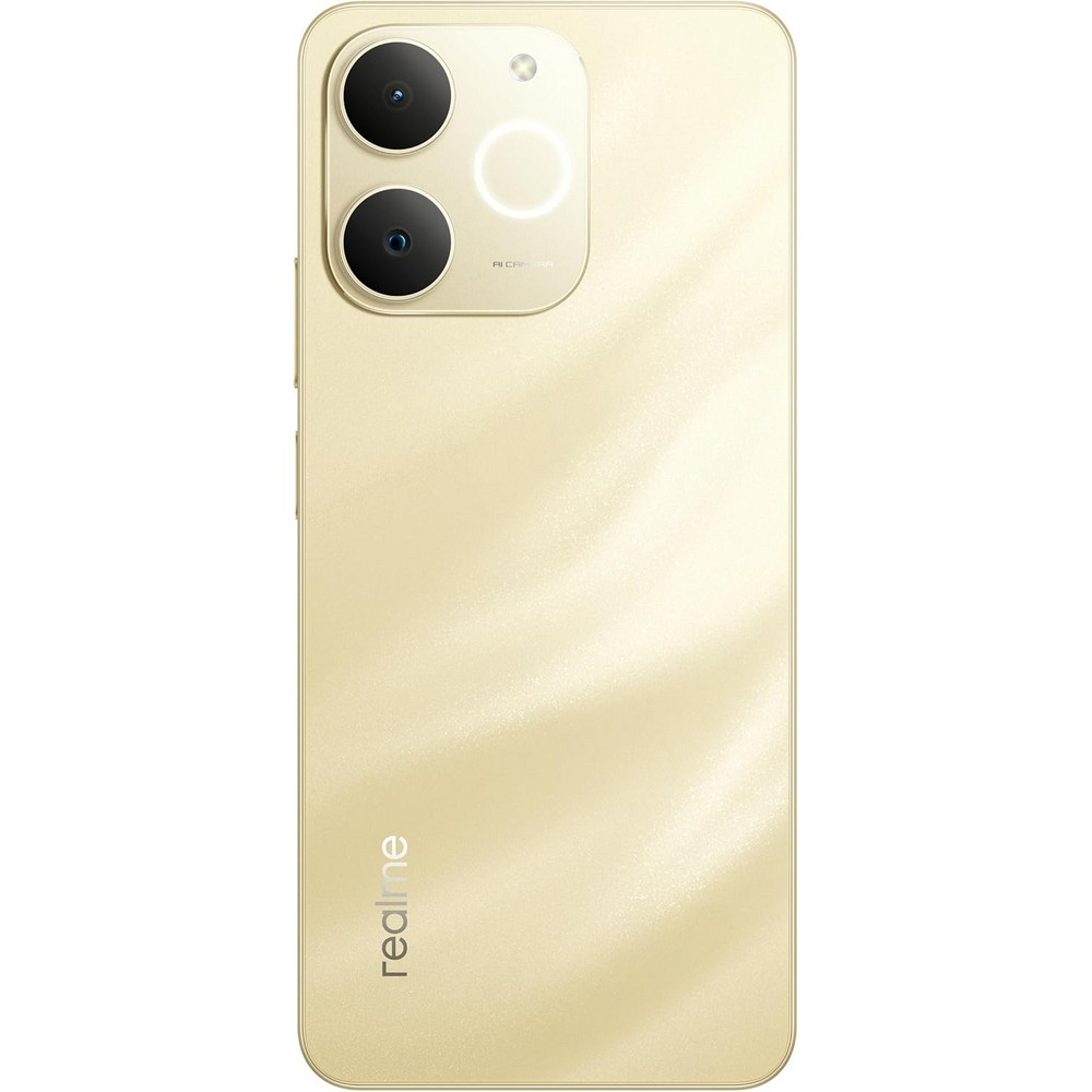 Rückseite eines goldenen Realme-Telefons. Mit zwei Kameralinsen, Blitz und Realme-Branding. Das Telefon hat eine glatte, strukturierte Oberfläche.