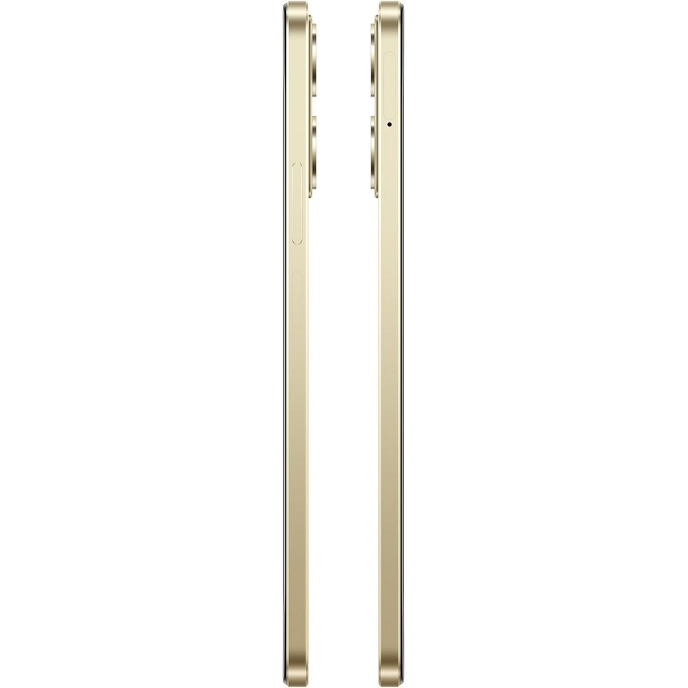Zwei goldene Smartphones nebeneinander, Seitenansicht. Eines hat einen Ein-/Aus-Schalter, das andere eine Kameralinse und ein Mikrofon.