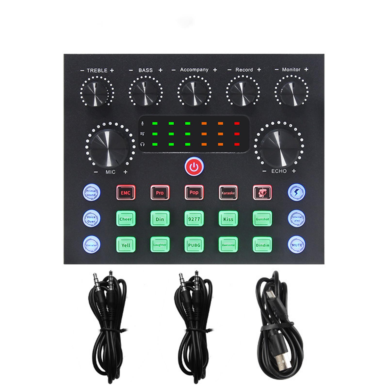 Schwarzer Audiomixer mit Knöpfen, Tasten und Lichtern. Unten sind drei schwarze Kabel. Weißer Hintergrund.