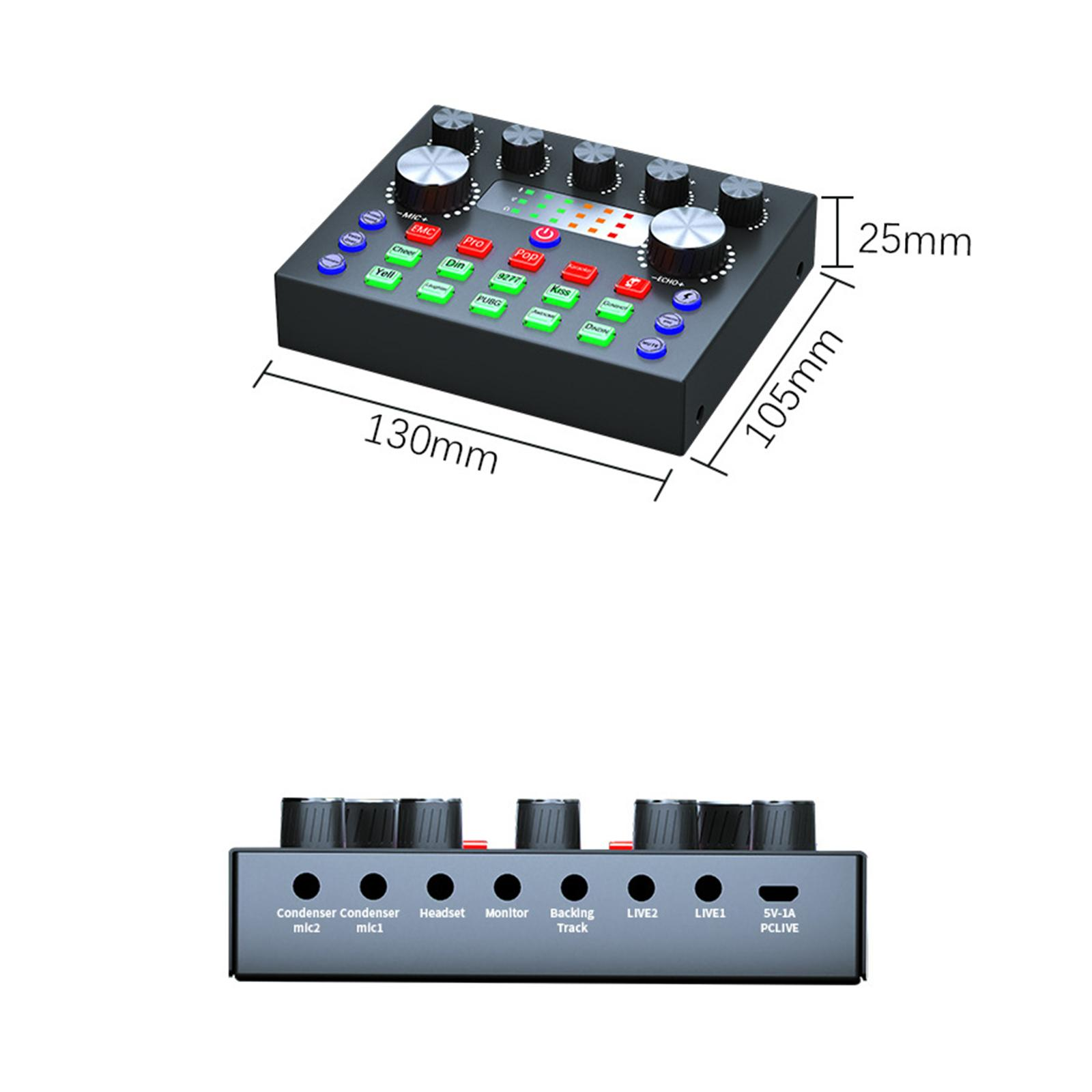 Schwarzer Audiomixer mit Knöpfen und Tasten. Abmessungen: 130x105x25mm. Beschriftete Ein- und Ausgänge sind sichtbar.